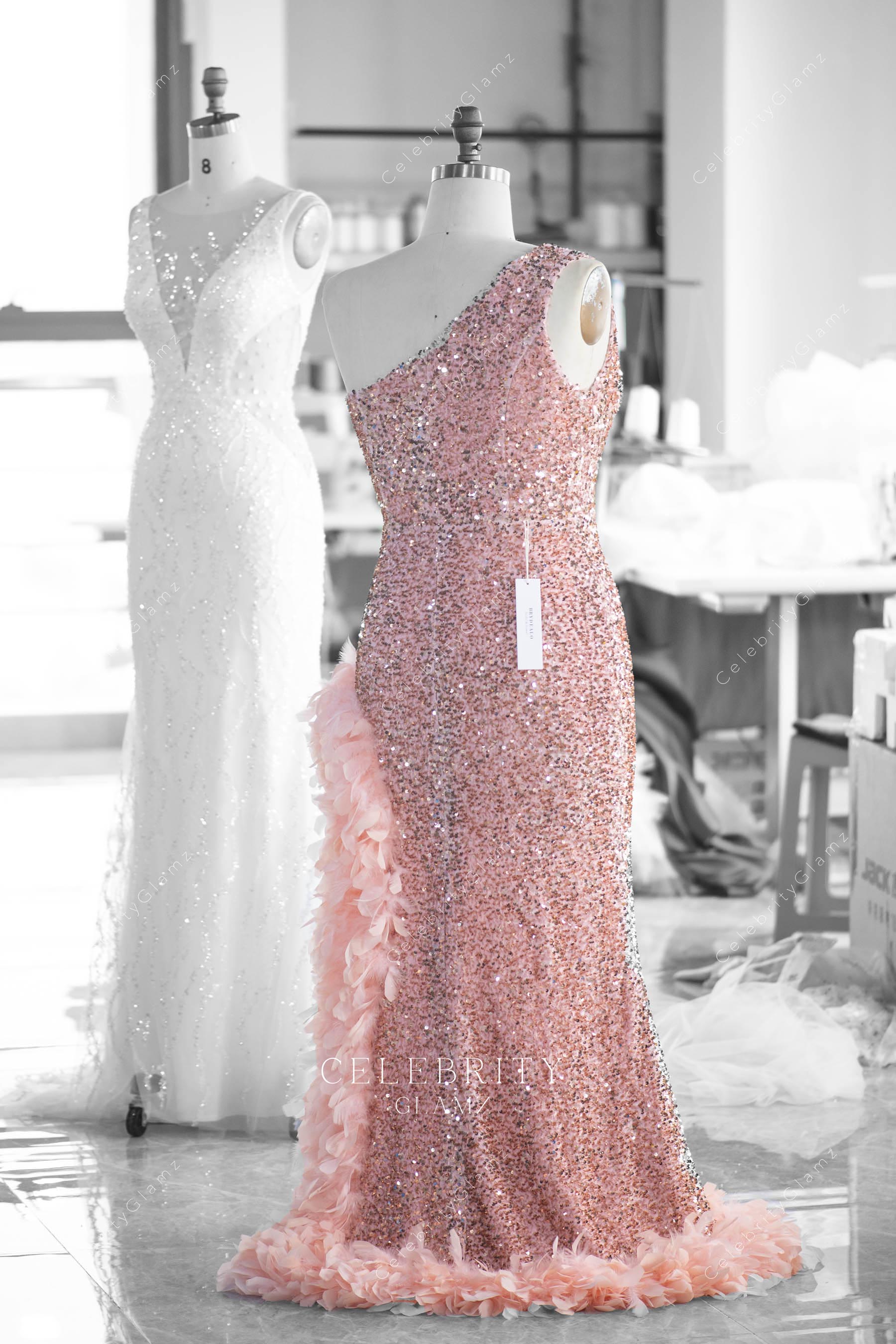 rose gold glitter sweep train prom dress