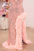 rose gold thigh slit prom dress