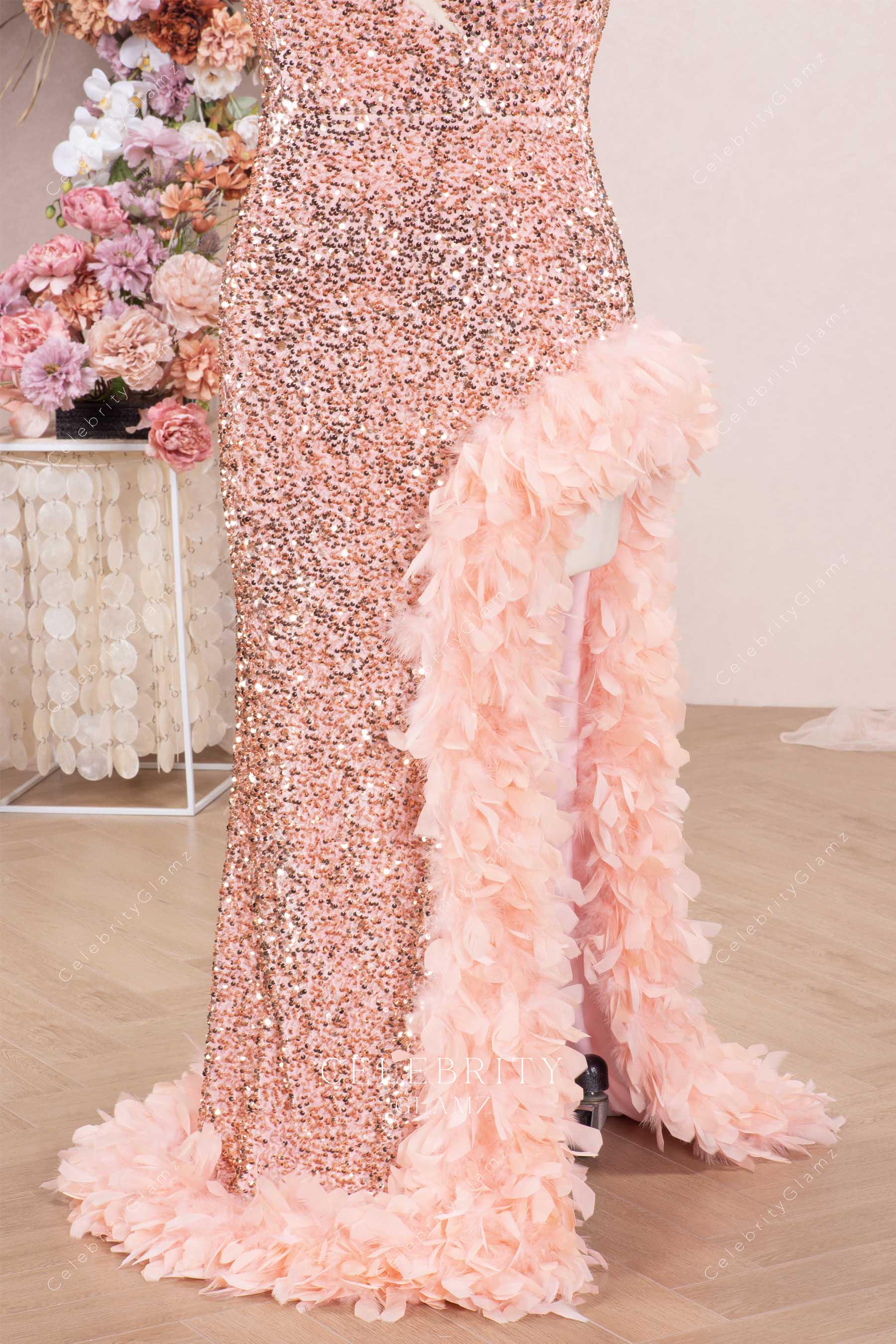 rose gold thigh slit prom dress