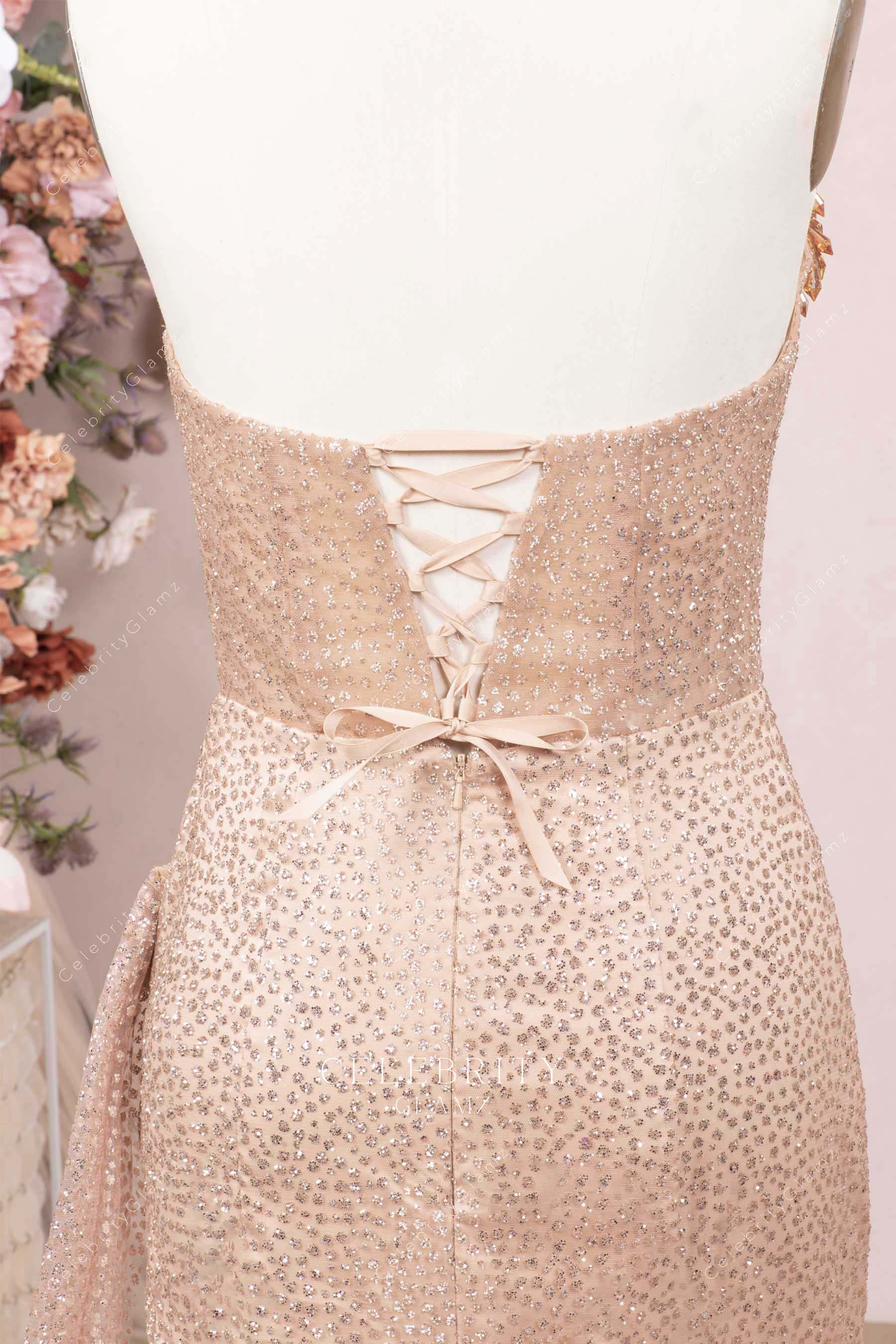 rose gold lace up back prom dress