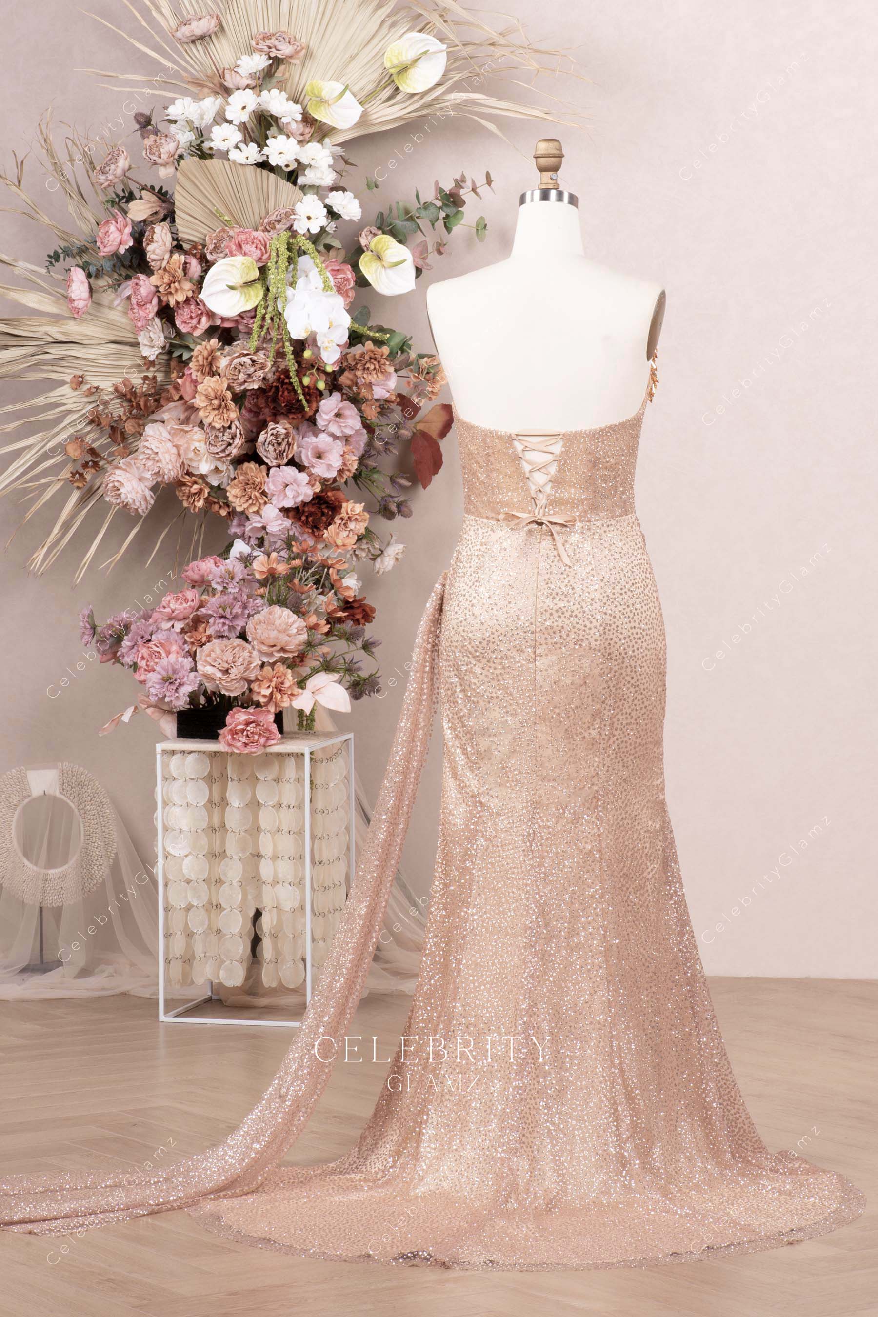 rose gold side streamer prom dress