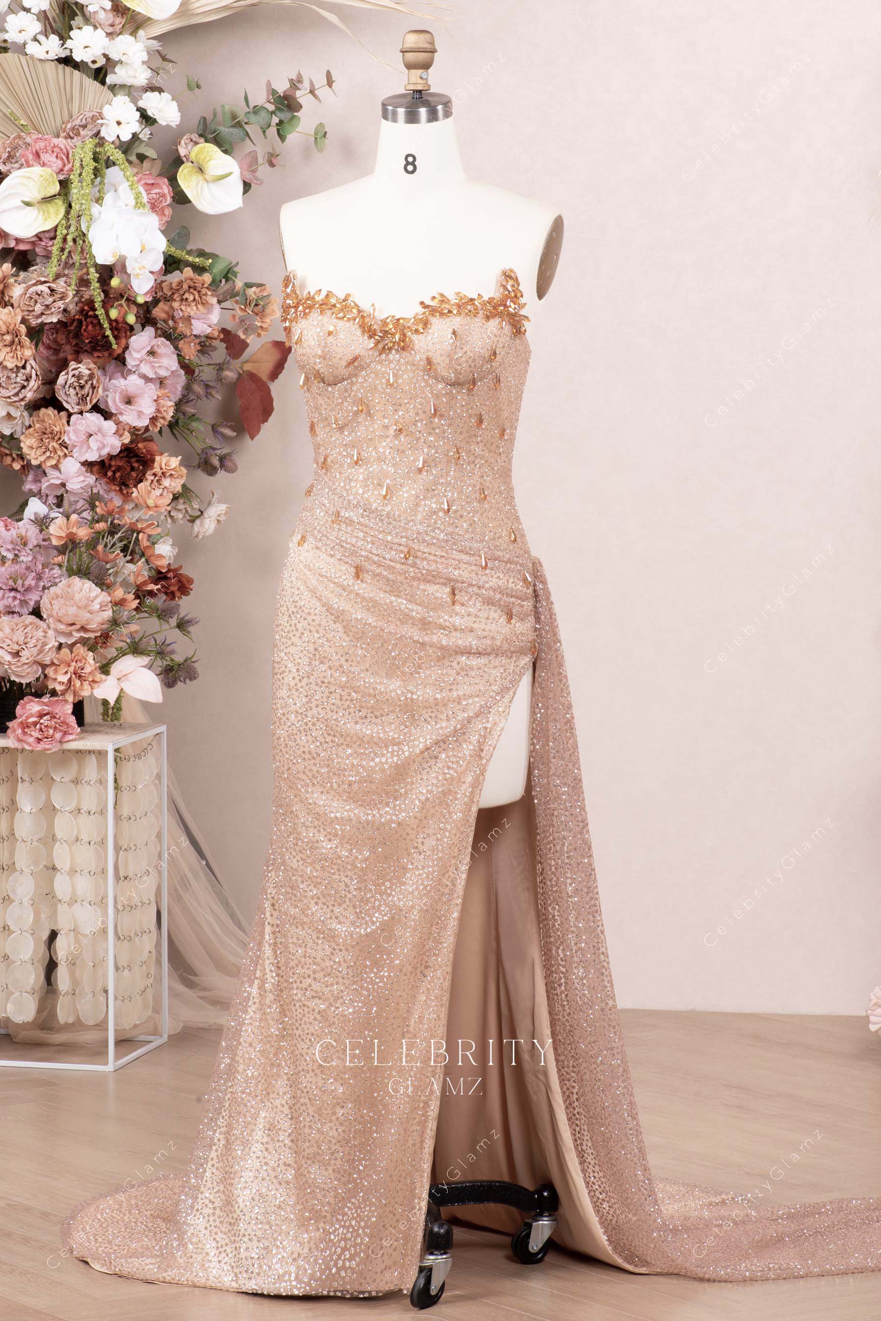 rose gold sparkly strapless prom dress