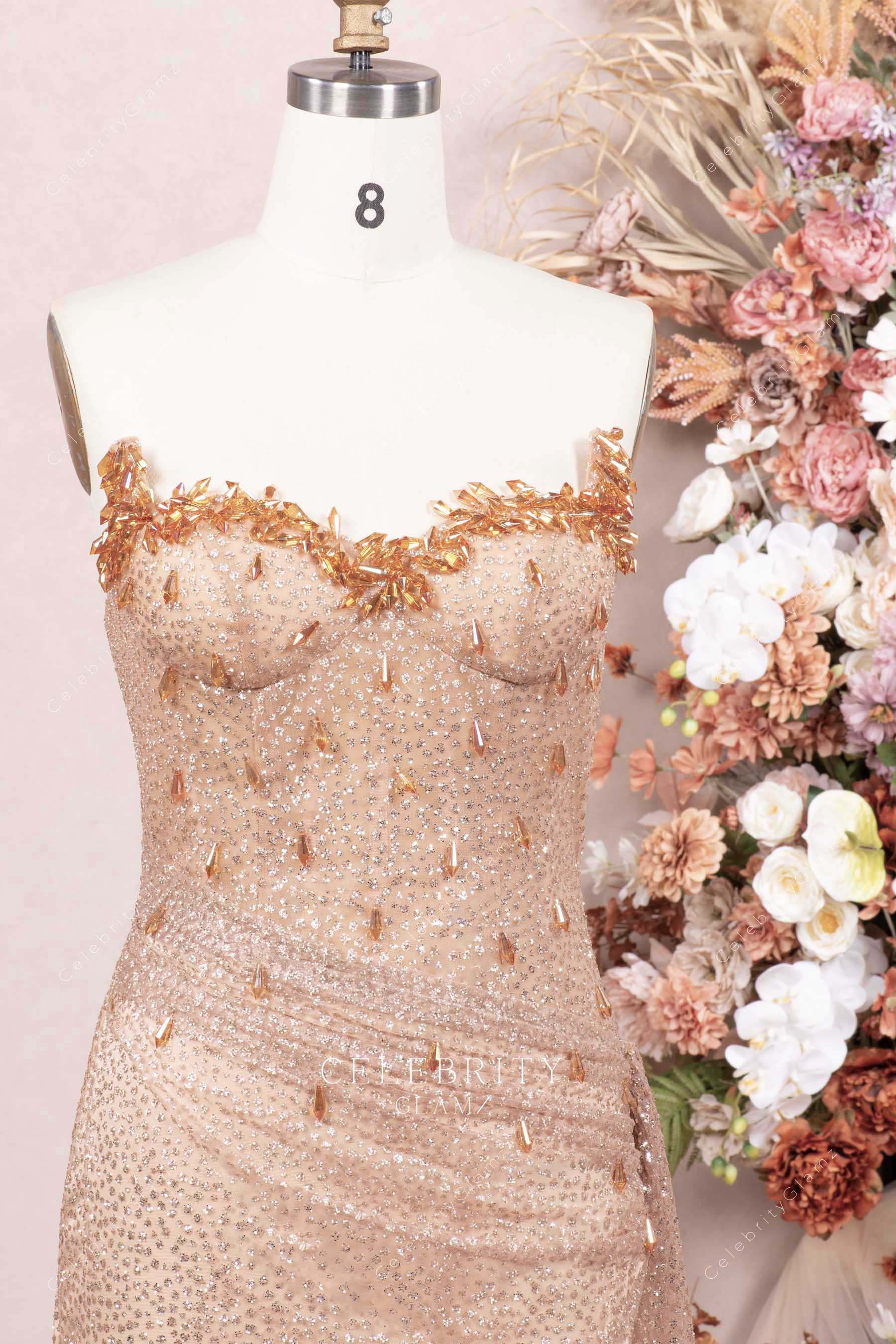 rose gold sweetheart neck prom dress