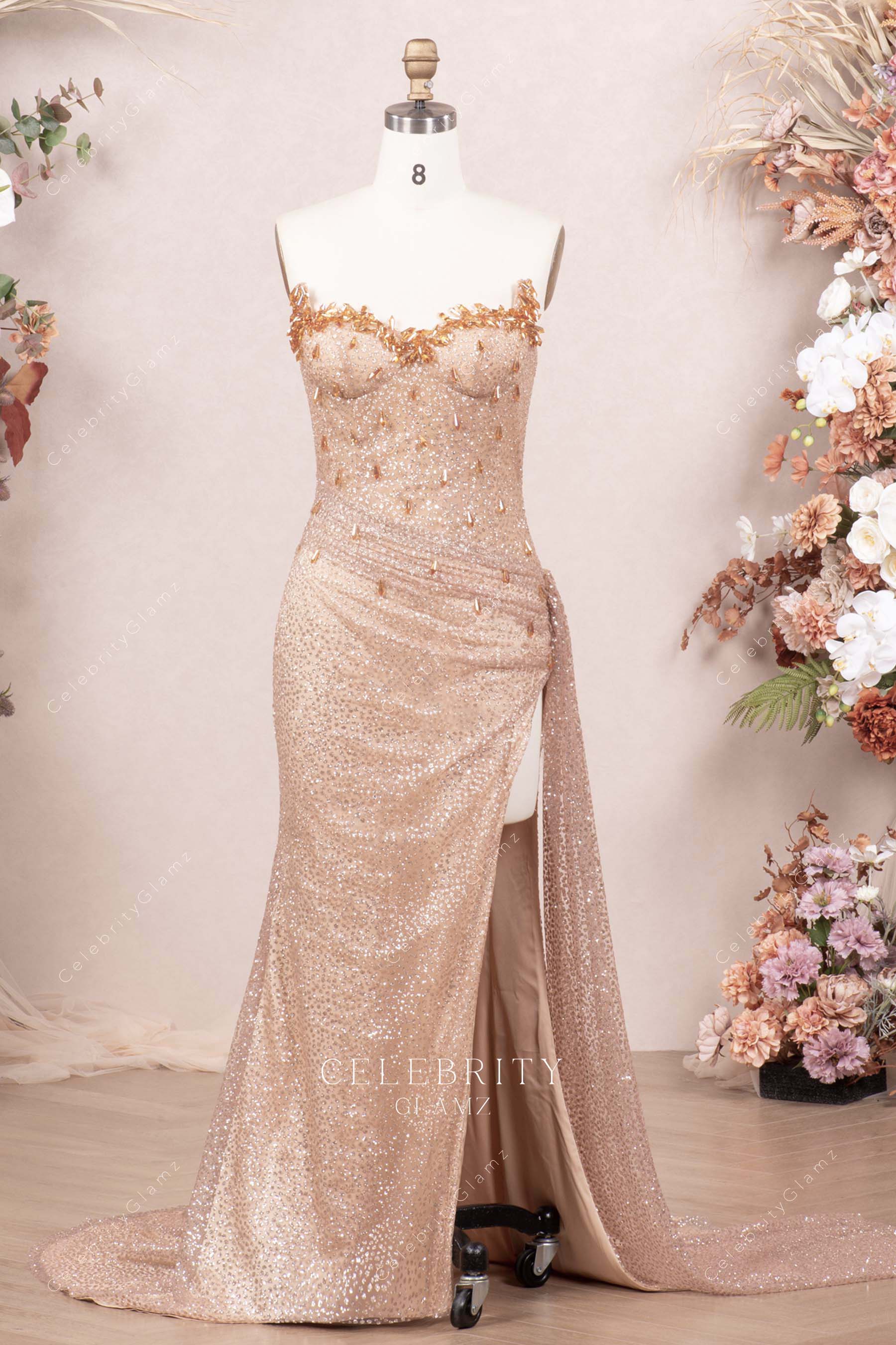 rose gold thigh split prom dress