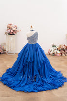 royal blue a line court train pageant dress