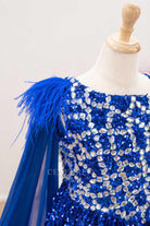 royal blue feather shoulder pageant dress
