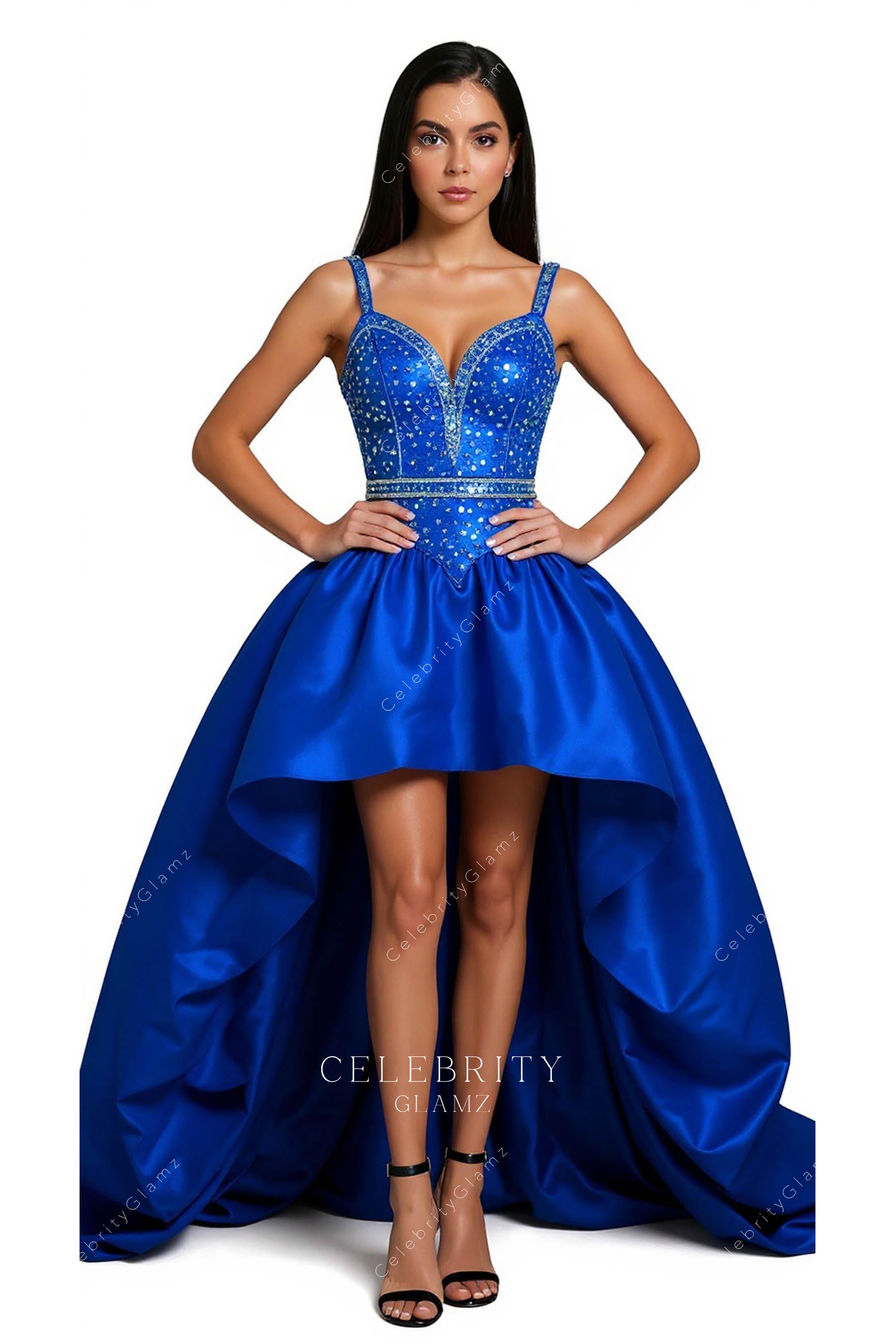 royal blue glitter high low formal dress