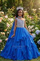 royal blue ruffles chiffon kids pageant gown