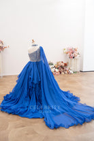 royal blue shoulder veil pageant dress