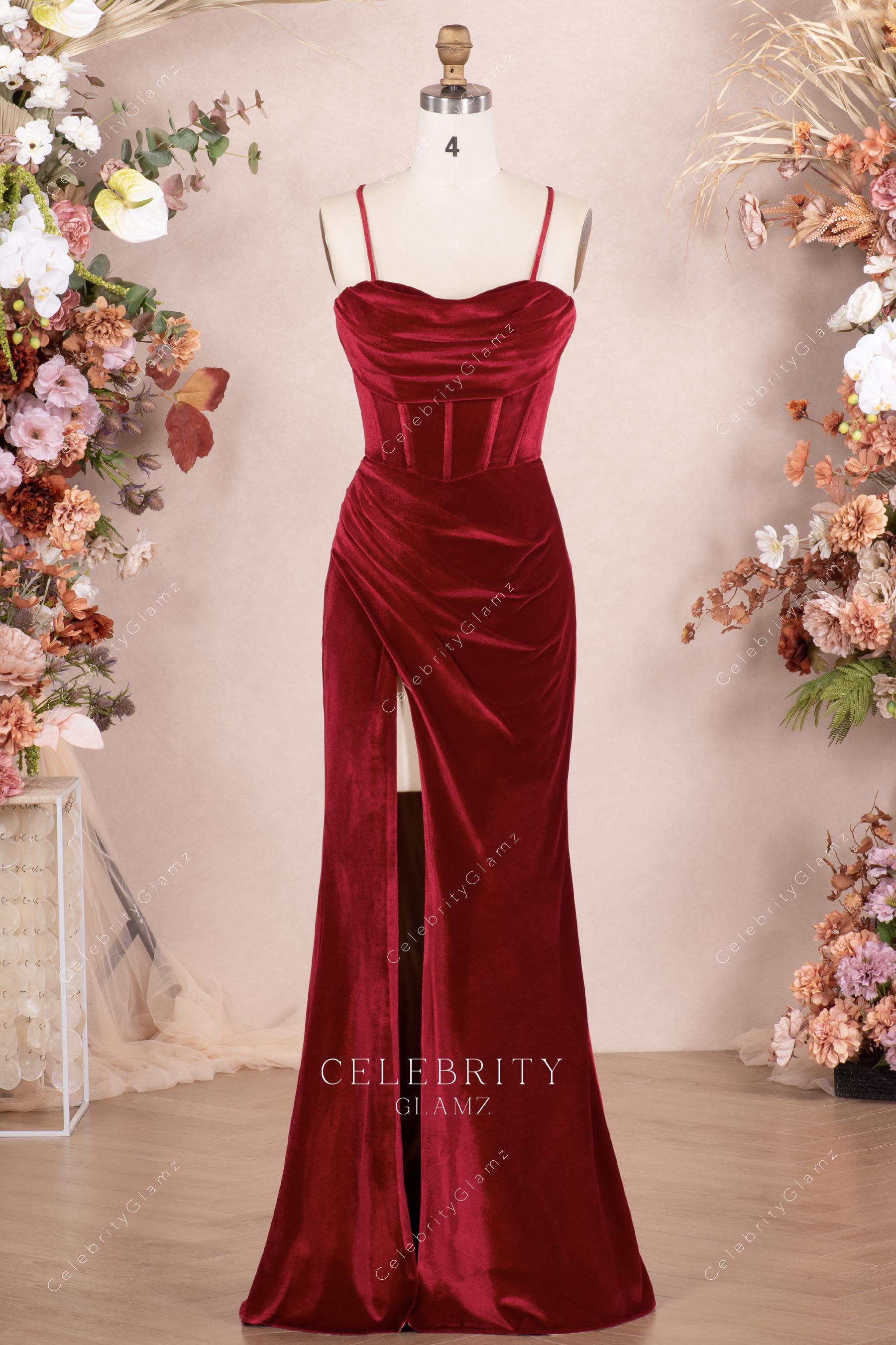 ruby velvet high slit prom dress 