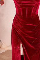 ruby velvet pleated prom dress 