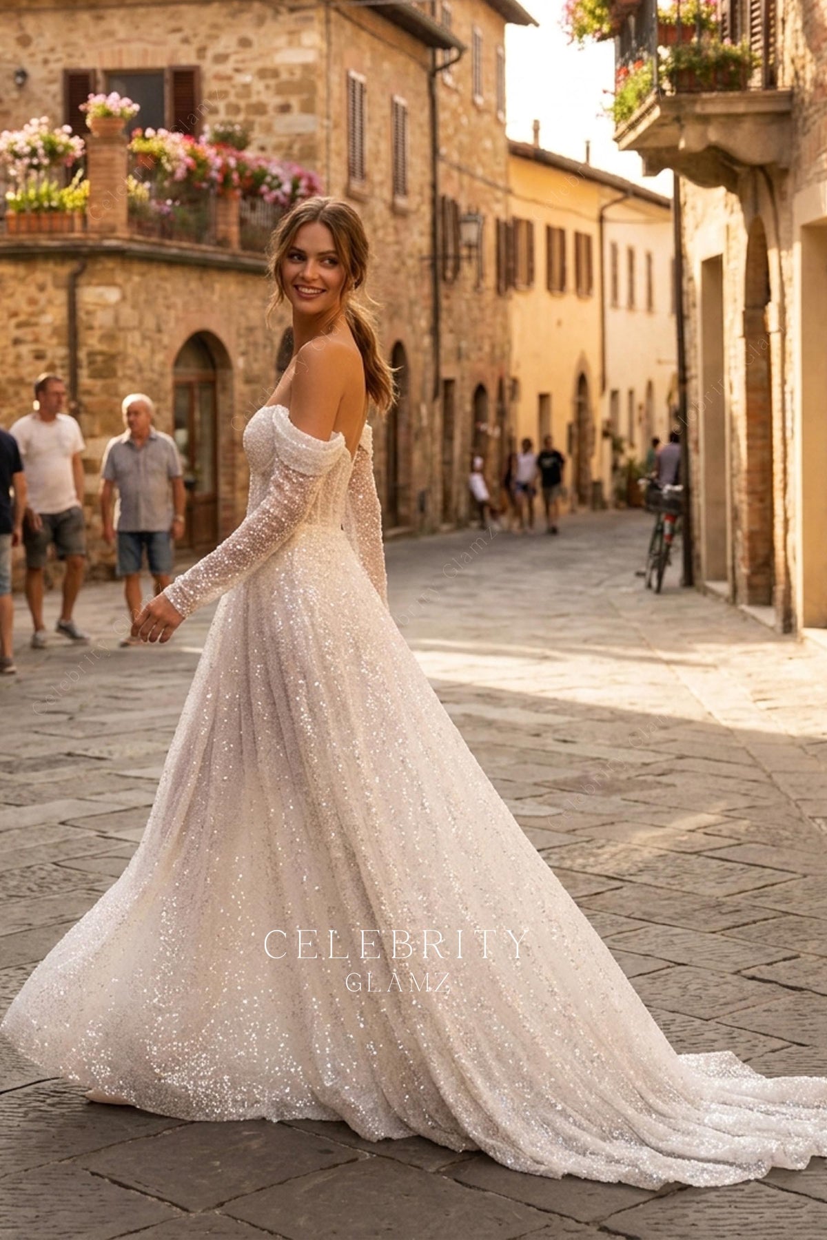 ruched long sleeve sparkly wedding dress