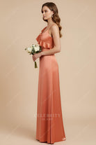rusty satin a line long bridesmaid dress