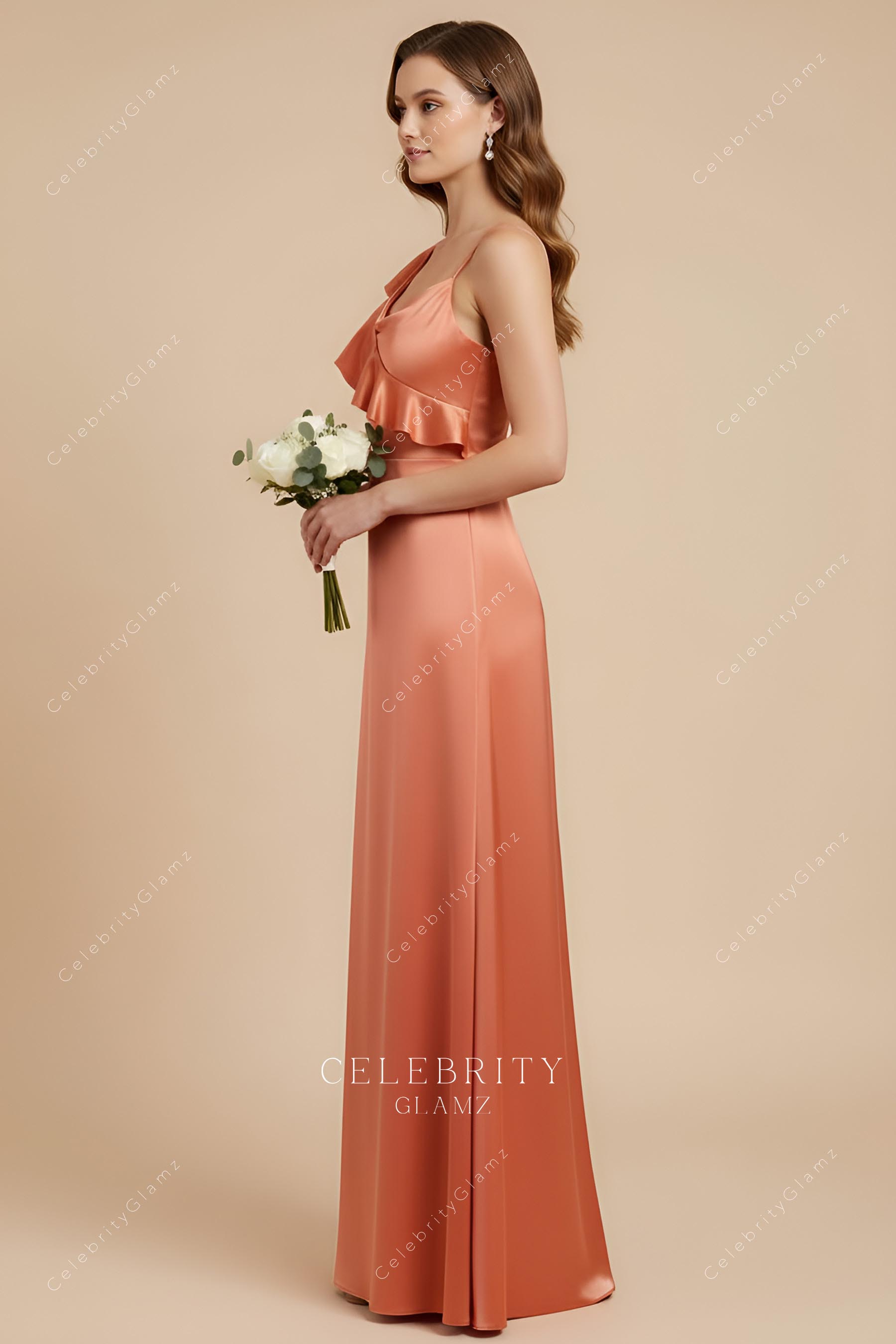rusty satin a line long bridesmaid dress