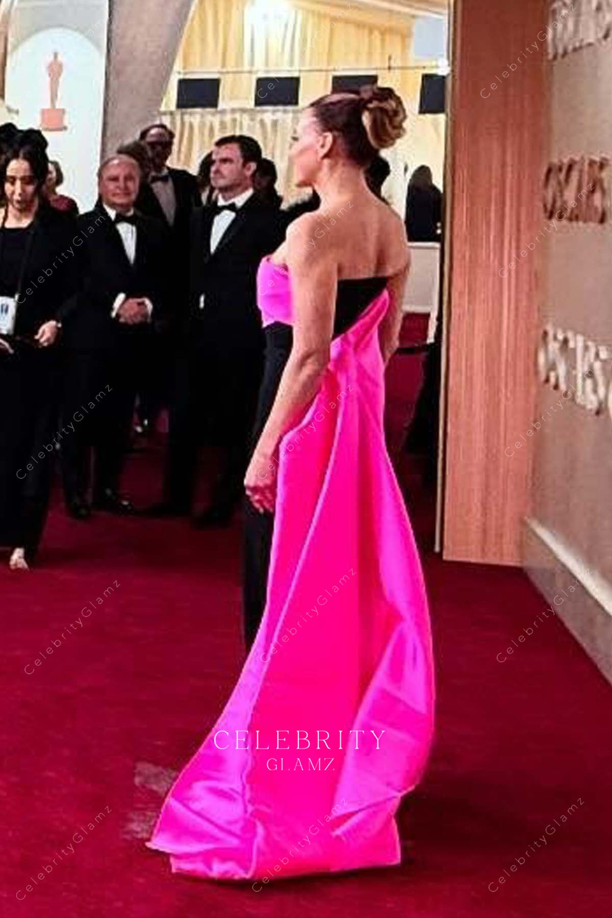 Sandra Hüller hot pink 2025 Watteau train Oscars red carpet dress