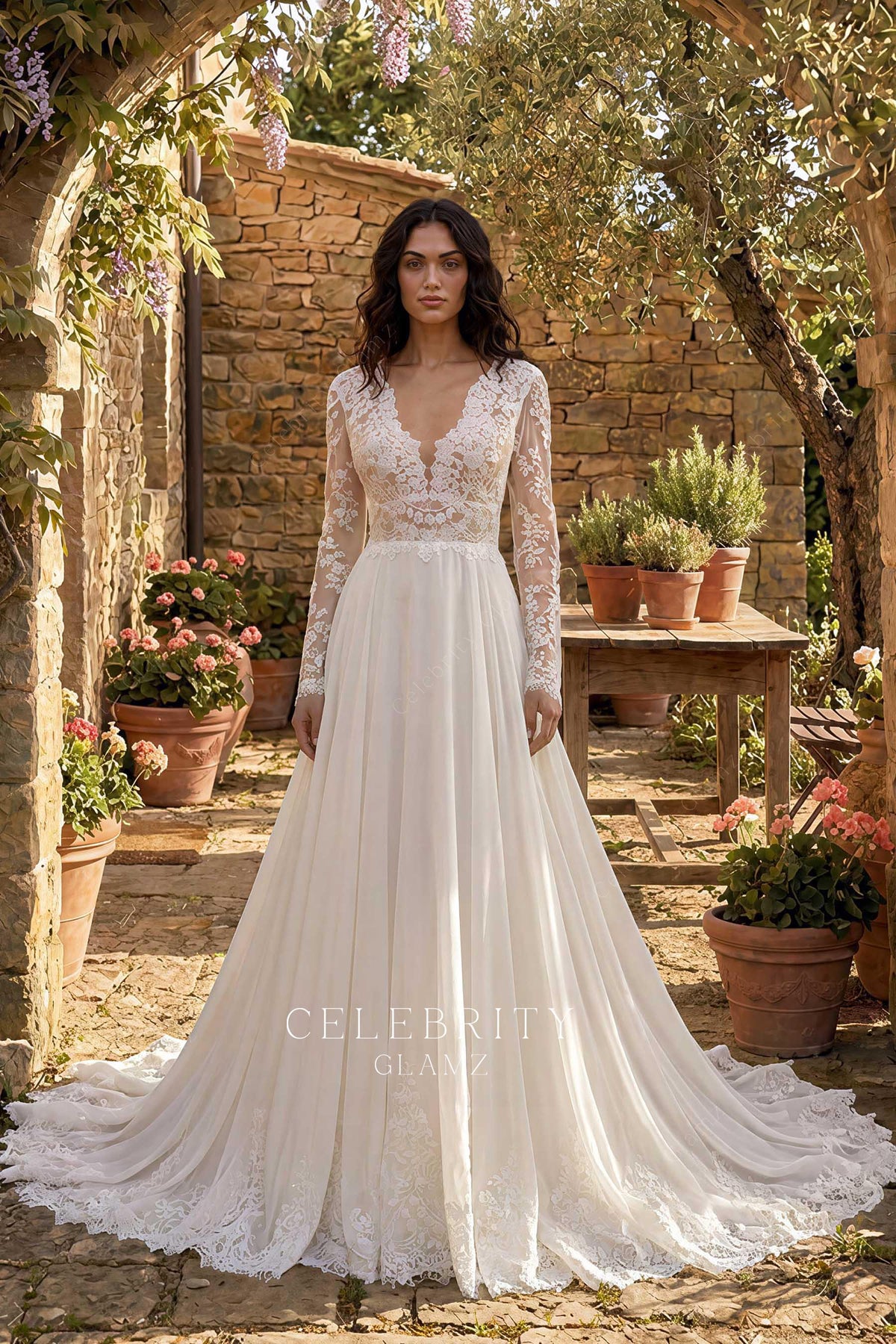 scalloped lace a line wedding dress