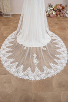 scalloped lace illusion train overskirt 