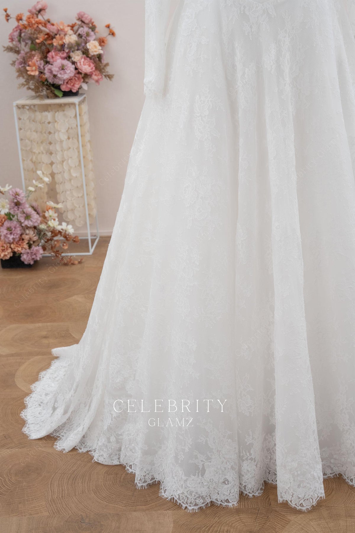 scalloped lace trim wedding dress