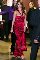 Selena Gomez burgundy v neck prom dress 2016 Grammy Awards