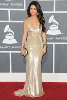 Selena Gomez champagne shimmery prom dress 53rd annual Grammy awards