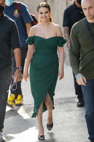 Selena Gomez dark green off shoulder prom dress 2022 jimmy Kimmel live