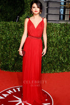 Selena Gomez red a line prom dress vanity fair Oscar party 2011