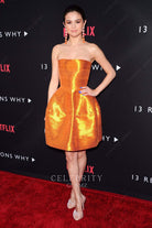 Selena Gomez tangerine strapless prom dress 13 reasons why premiere 2017