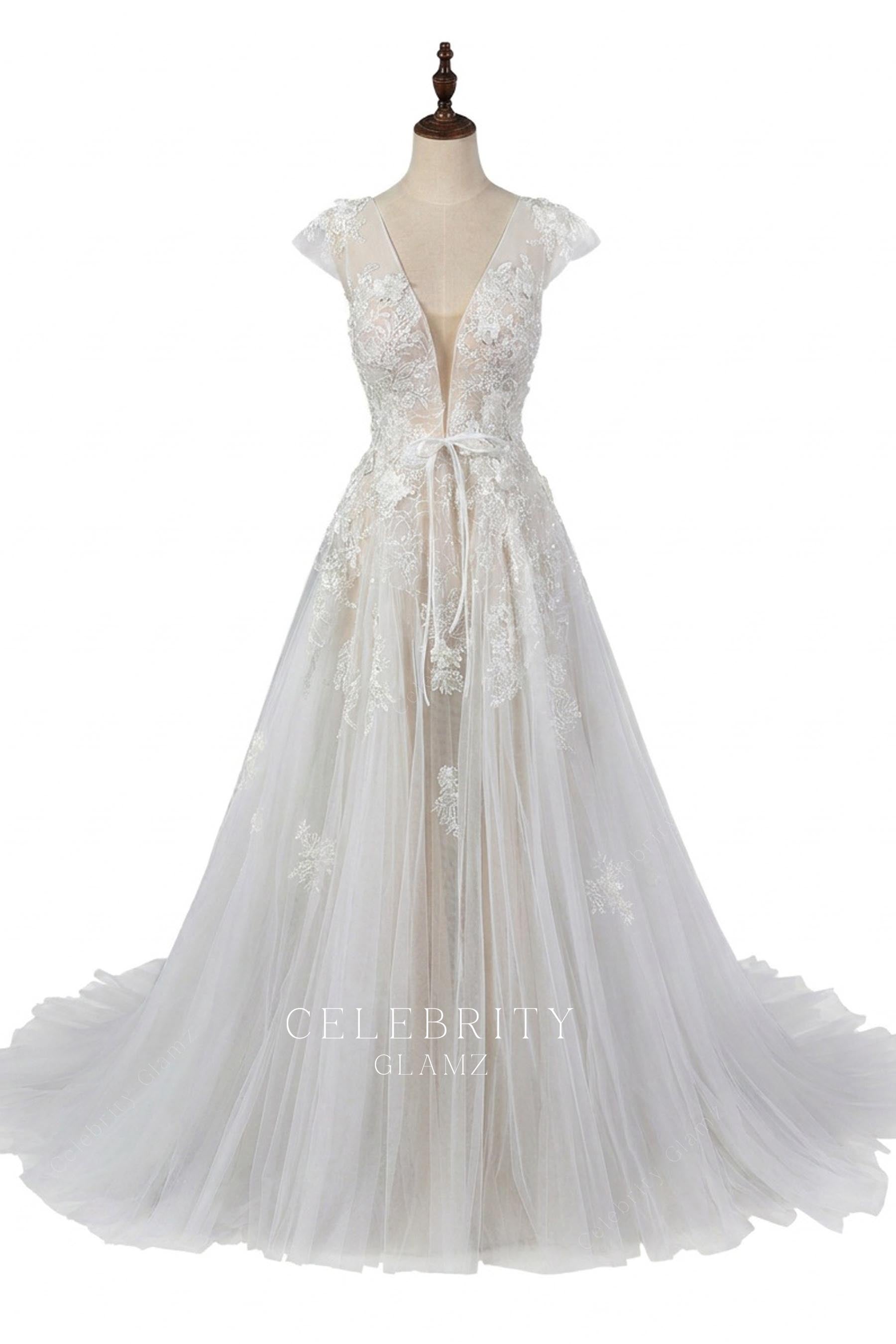 sexy plunging neck lace wedding dress