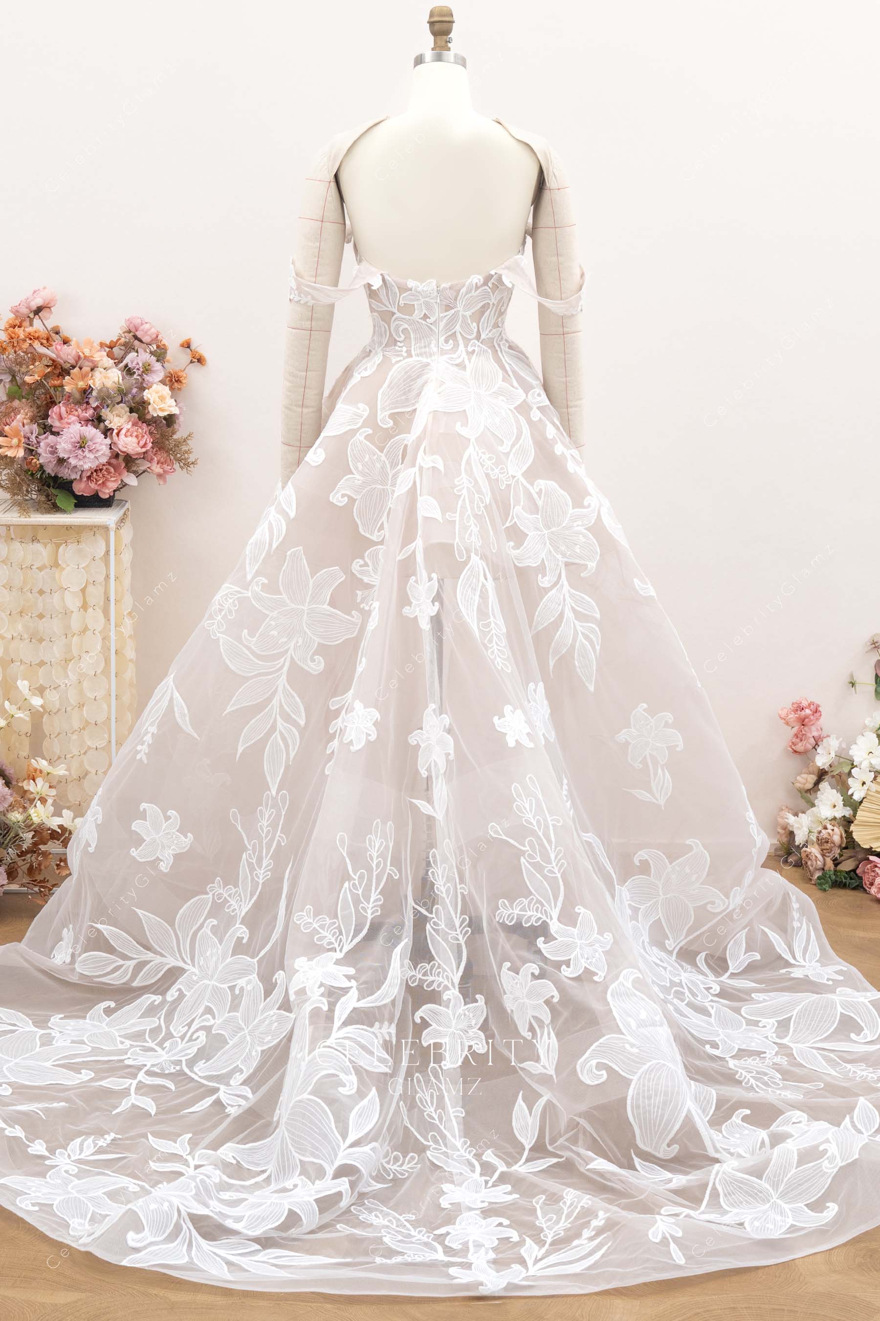 sheer floral lace train wedding dress