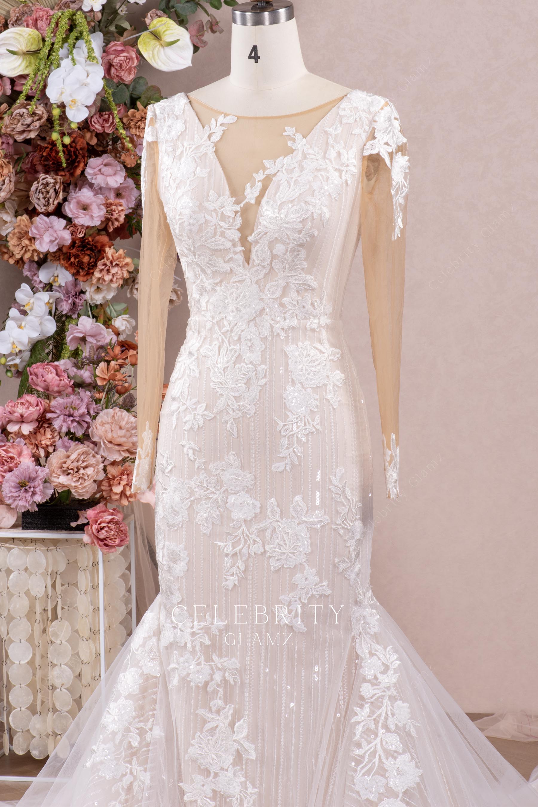 sheer plunging neck mermaid wedding dress