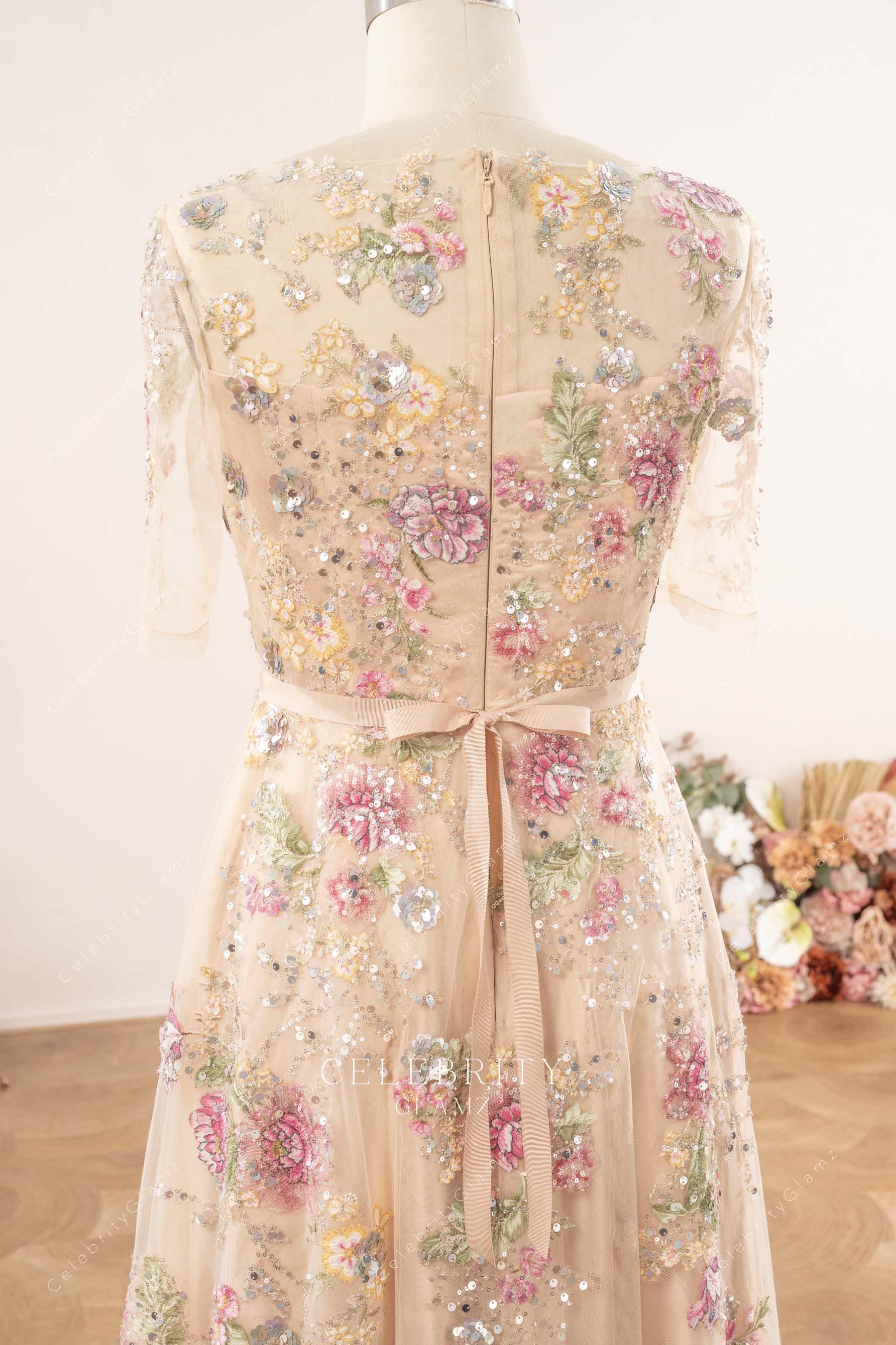 sheer sequin lace back mother of bride dress