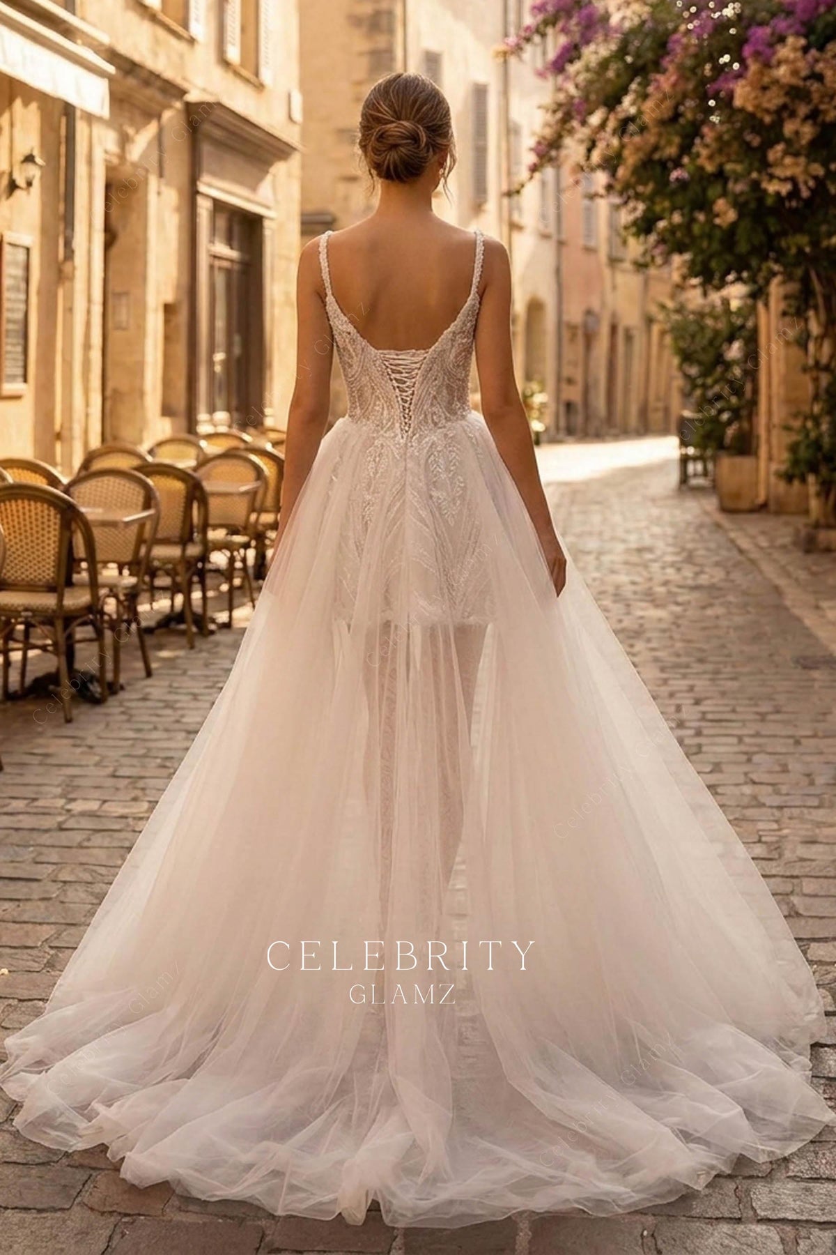 sheer tulle overskirt wedding dress