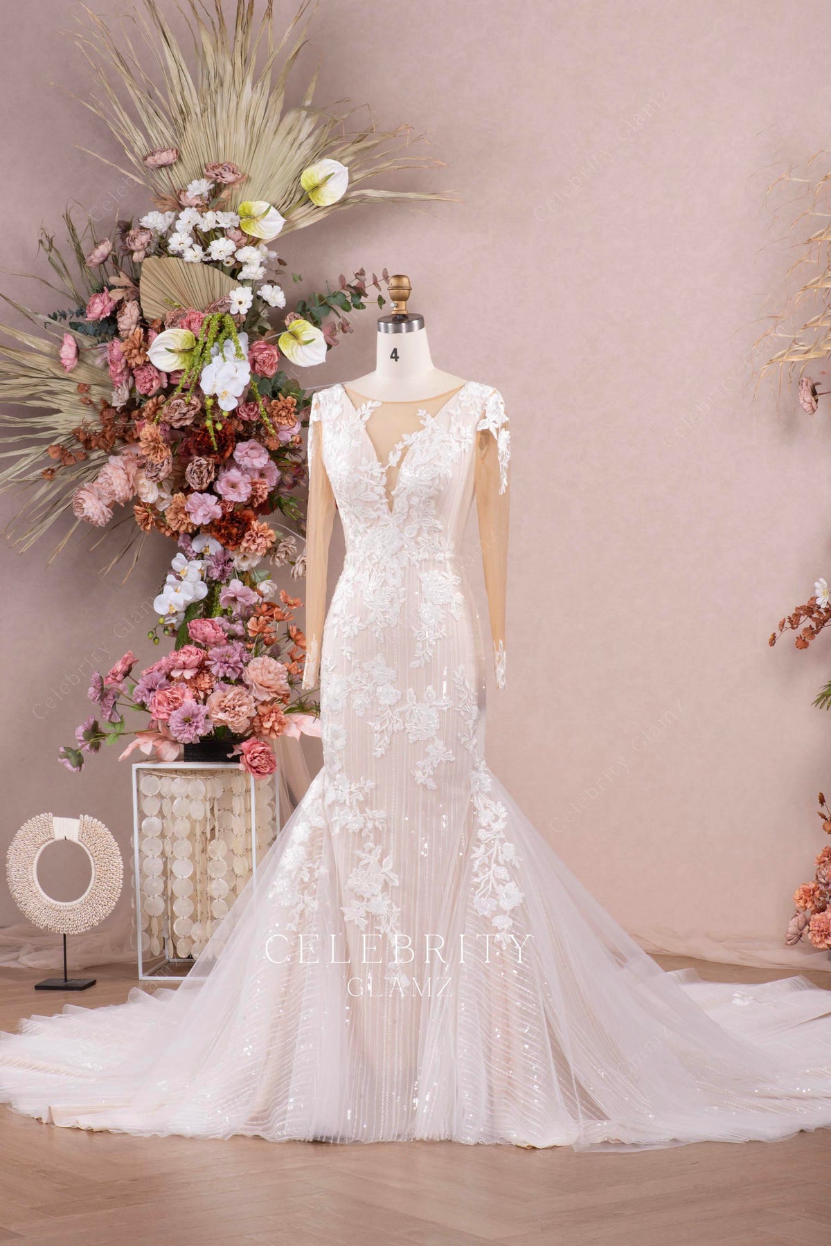 shimmery lace godet mermaid wedding dress
