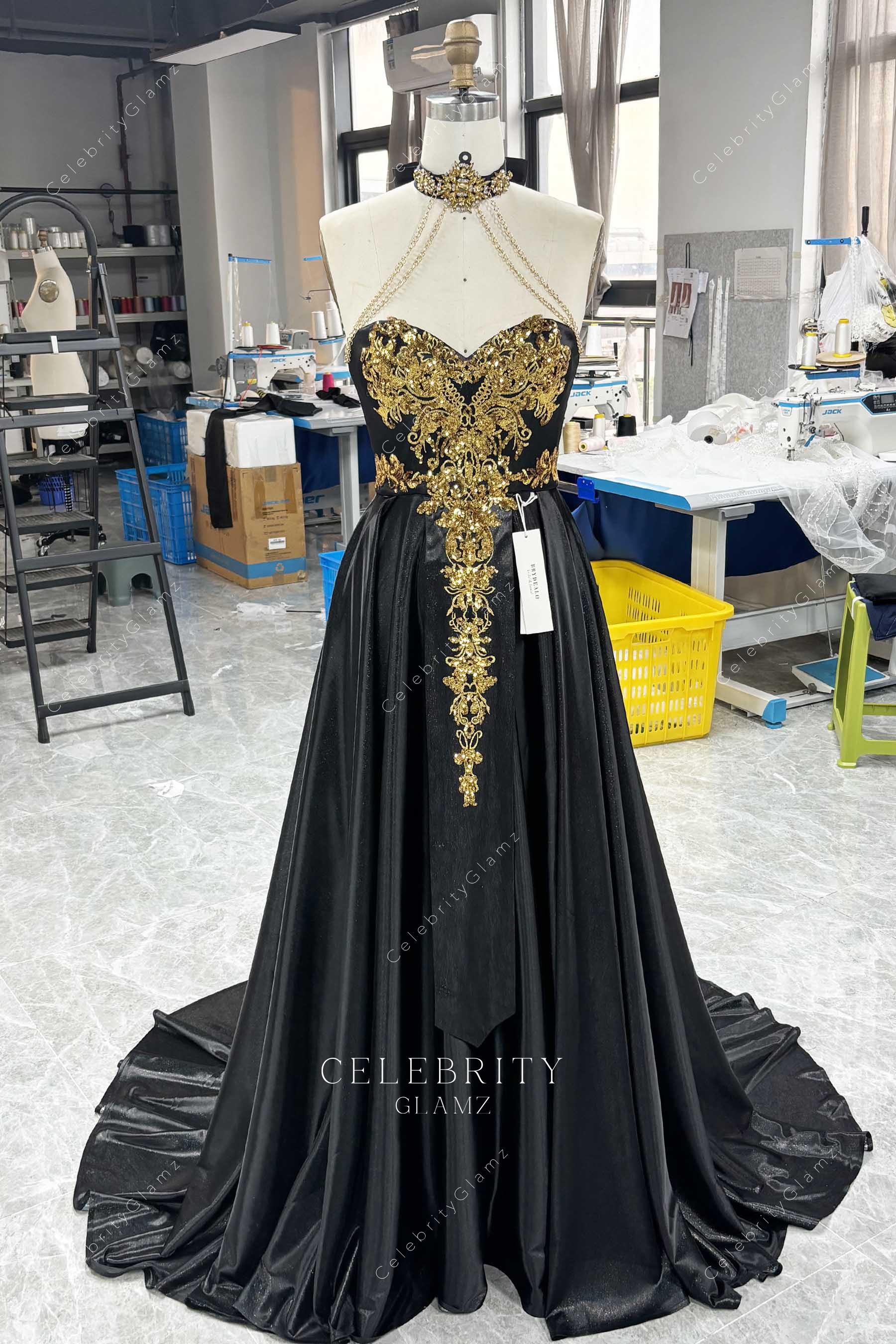 shimmery lace high slit prom dress