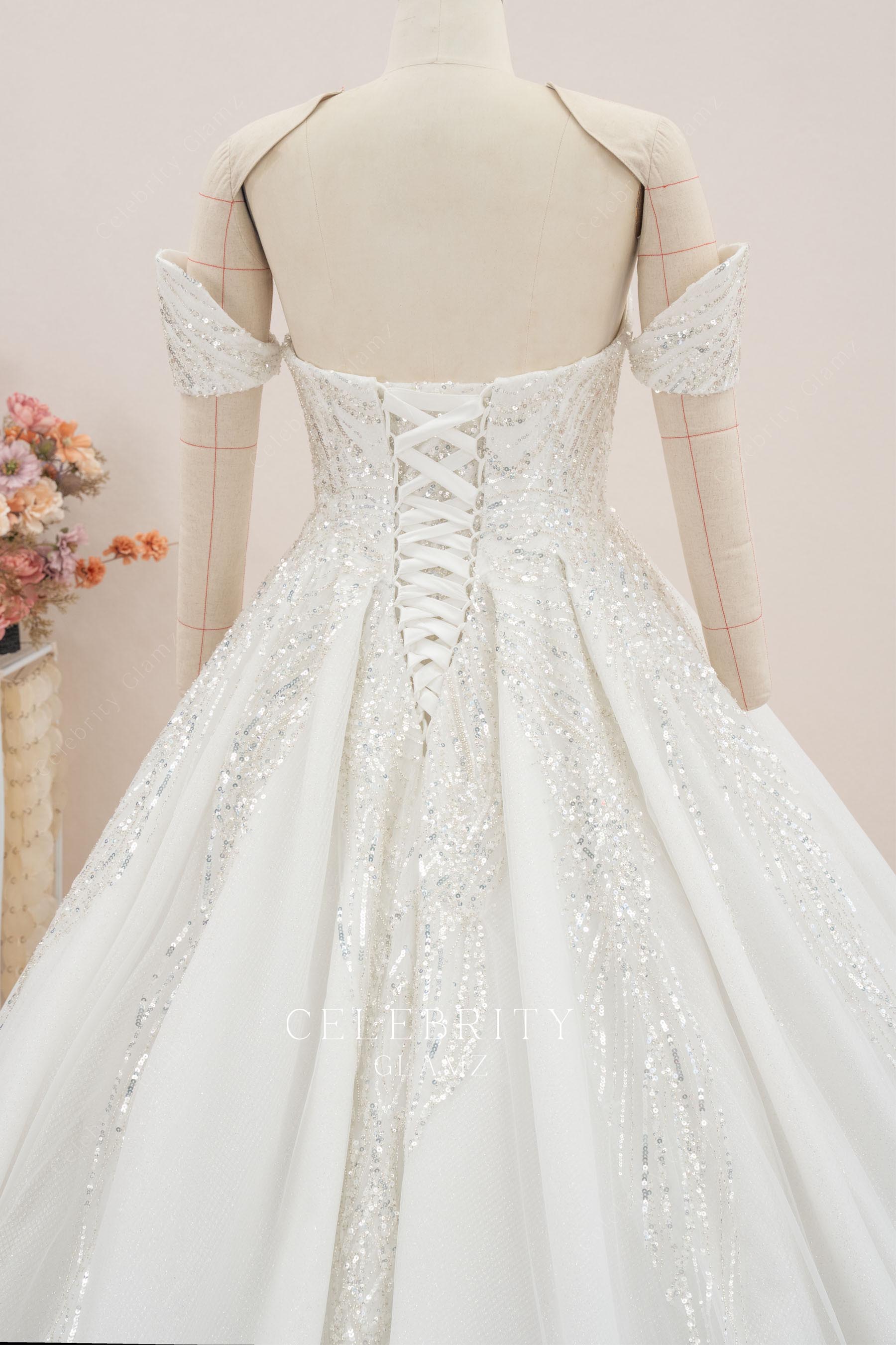 shimmer lace up back bridal gown