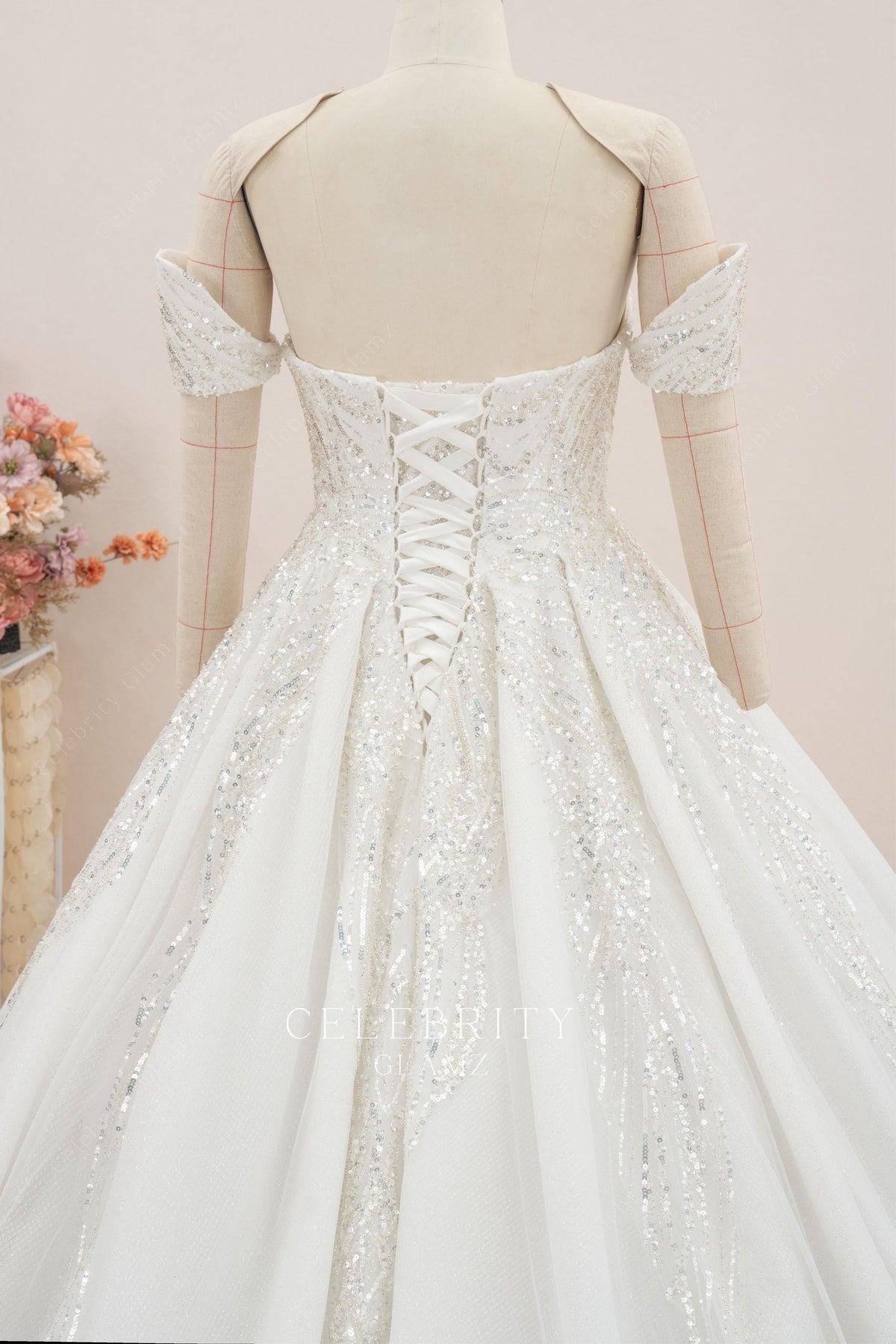shimmer lace up back bridal gown
