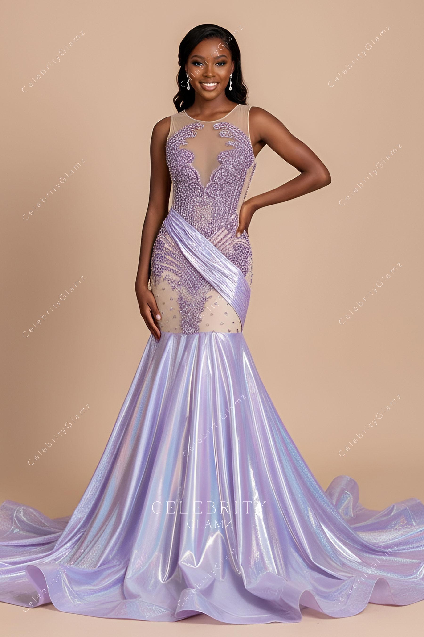 shimmery lilac trumpet prom dress