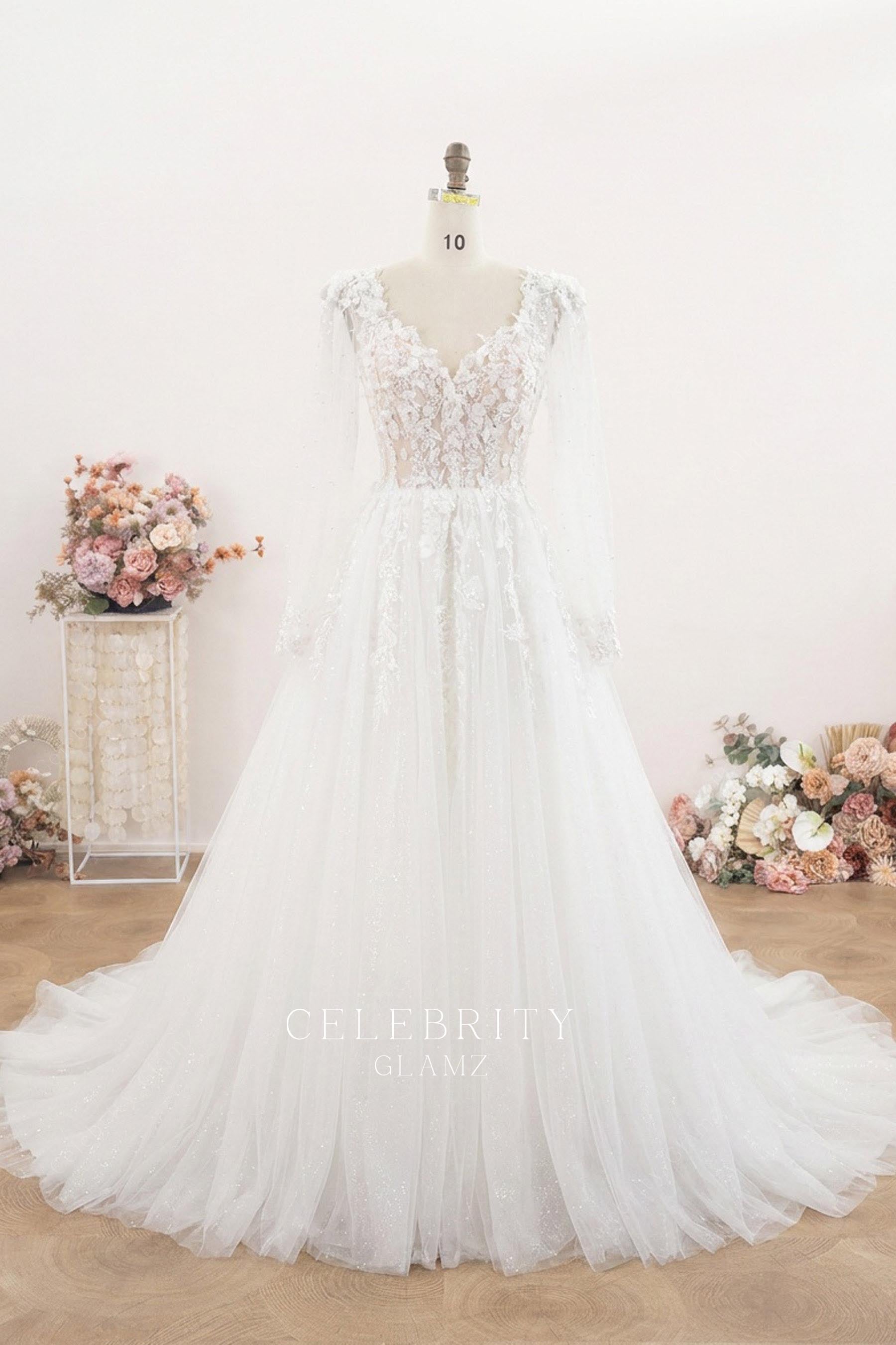 shimmery pearls sleeved wedding dress