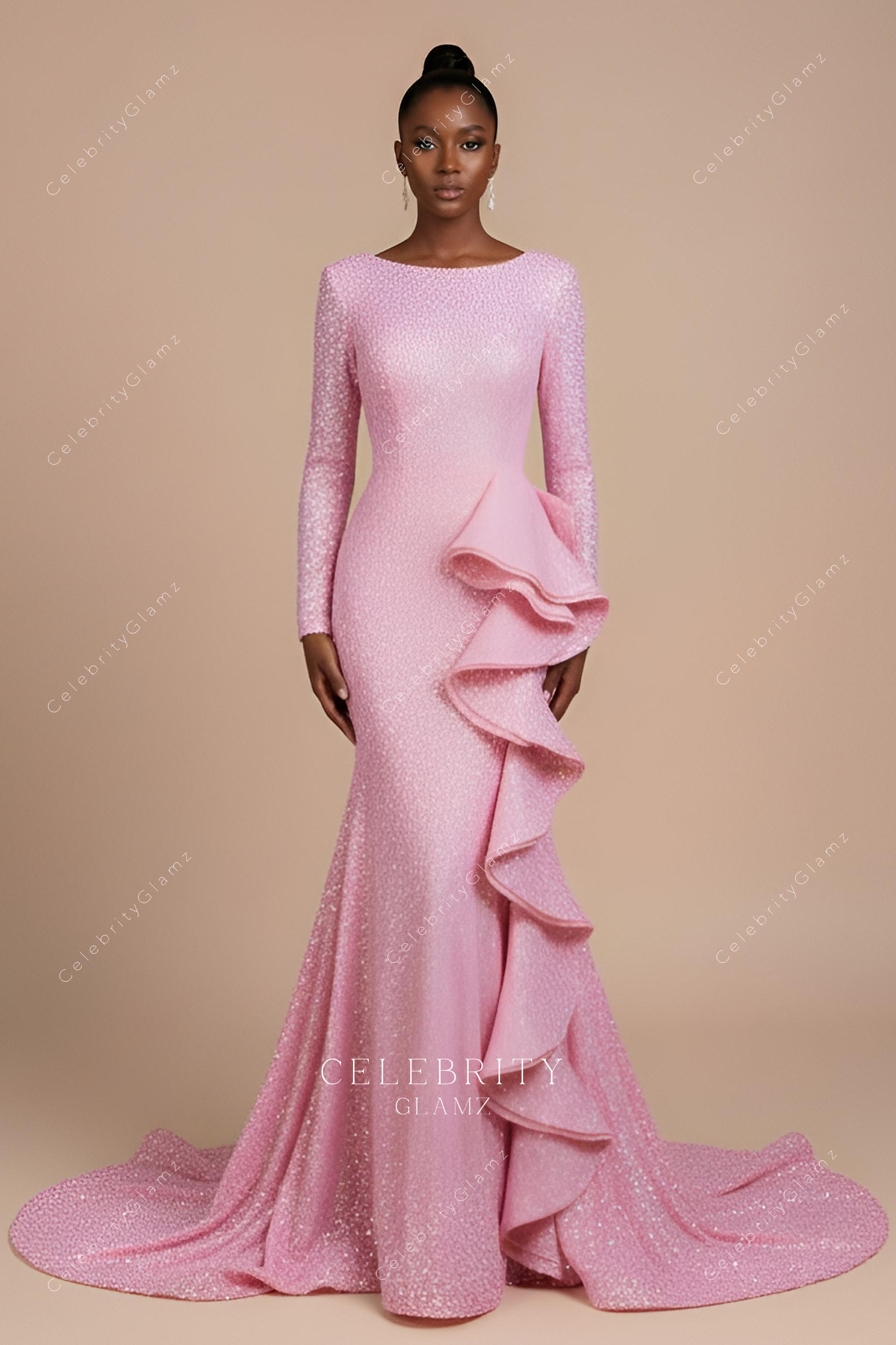 shimmery pink long sleeve ruffles prom dress