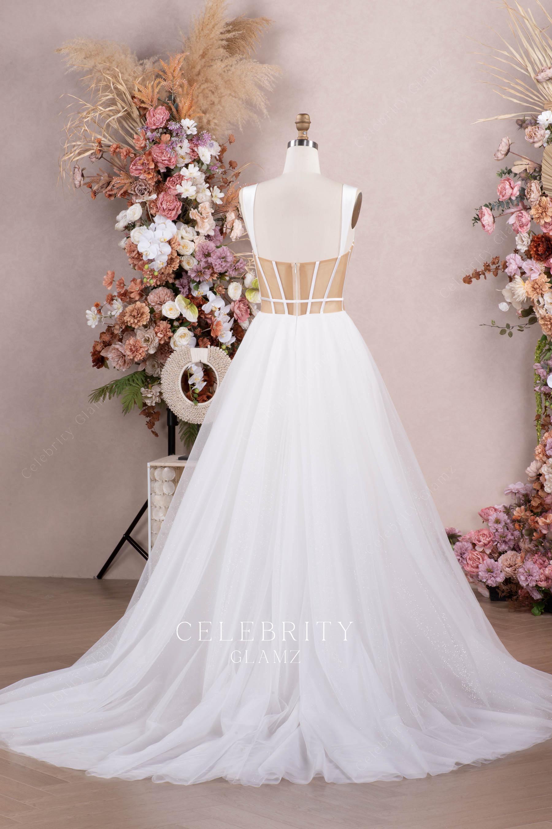 shimmery tulle long train wedding dress