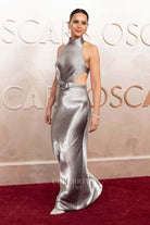 silver 2025 Oscars red carpet Felicity Jones halter prom dress