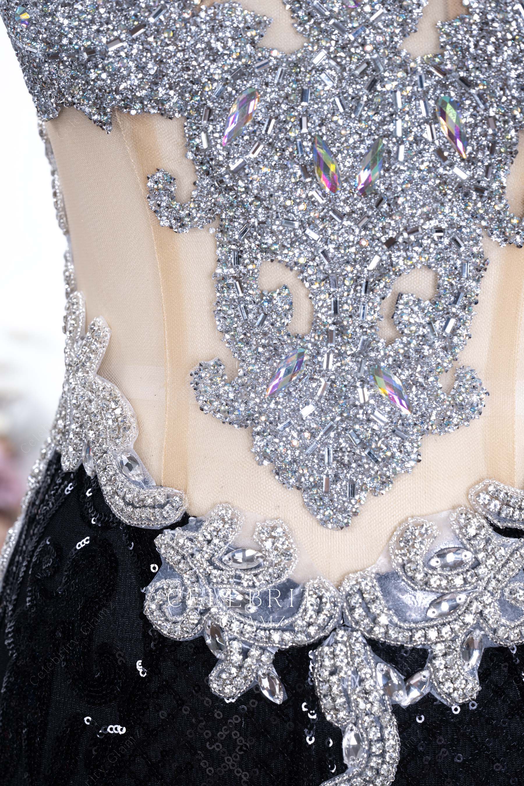 silver crystals lace appliques formal dress