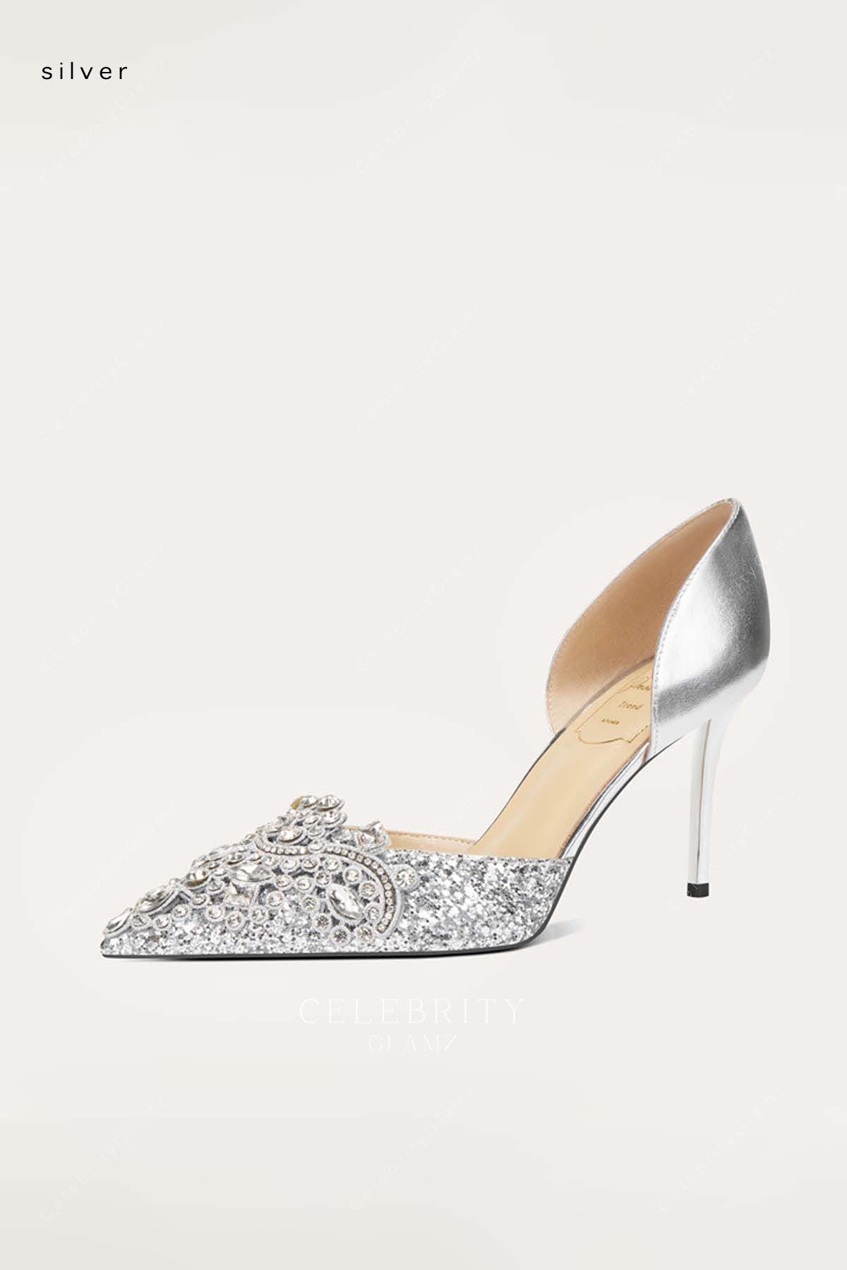 silver glitter heeled bridal shoes