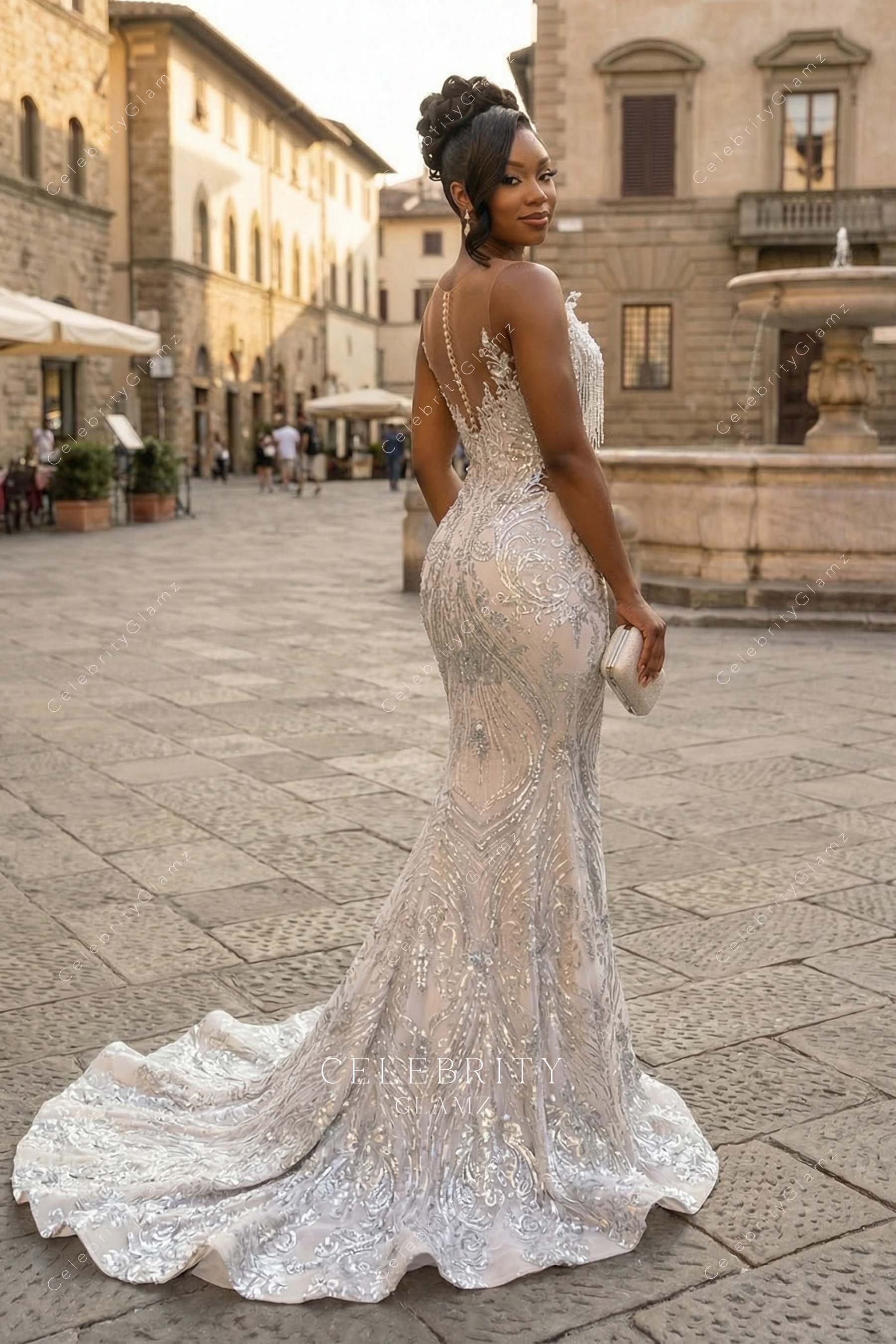 silver glitter illusion back mermaid prom dress