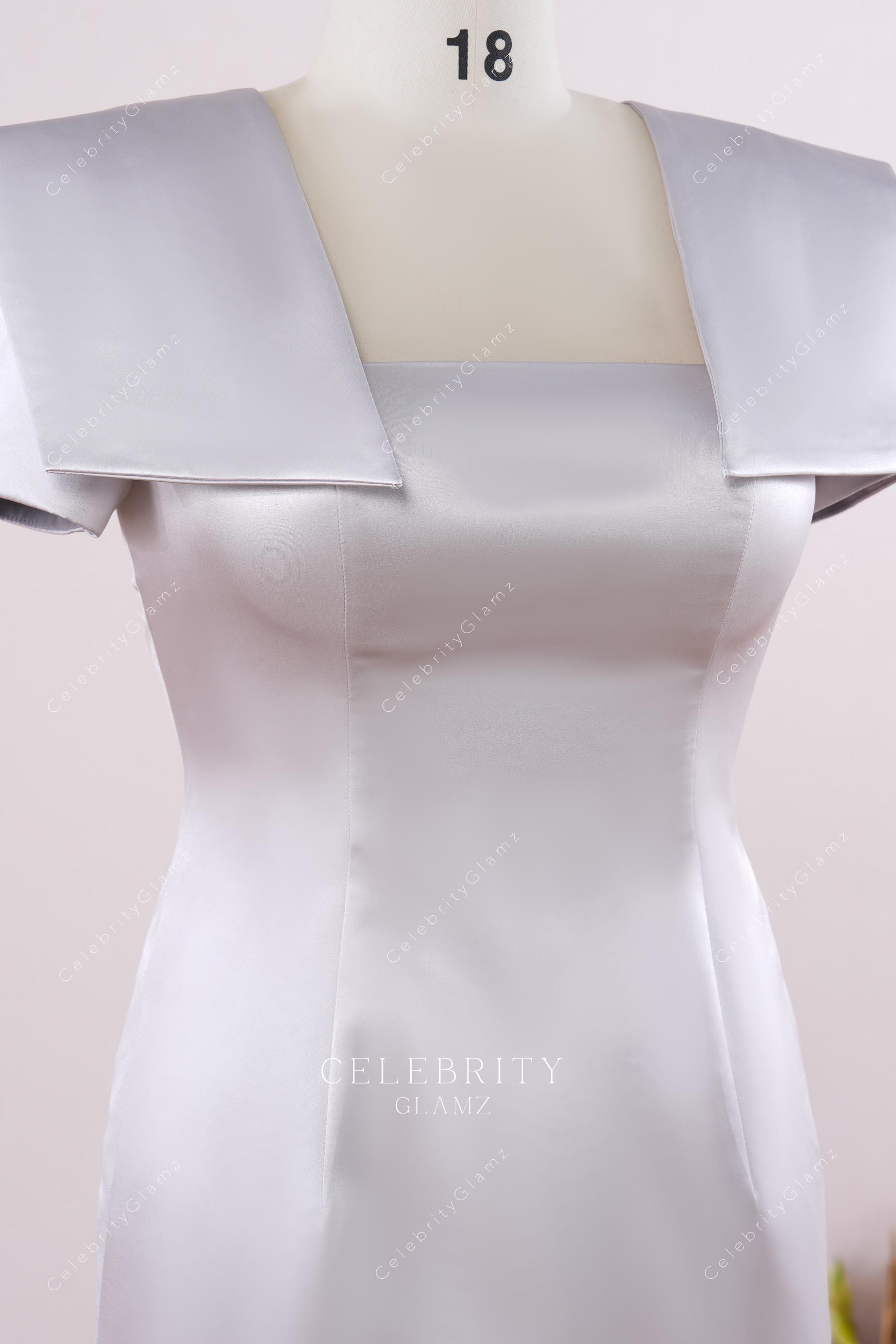 silver satin cape evening dress