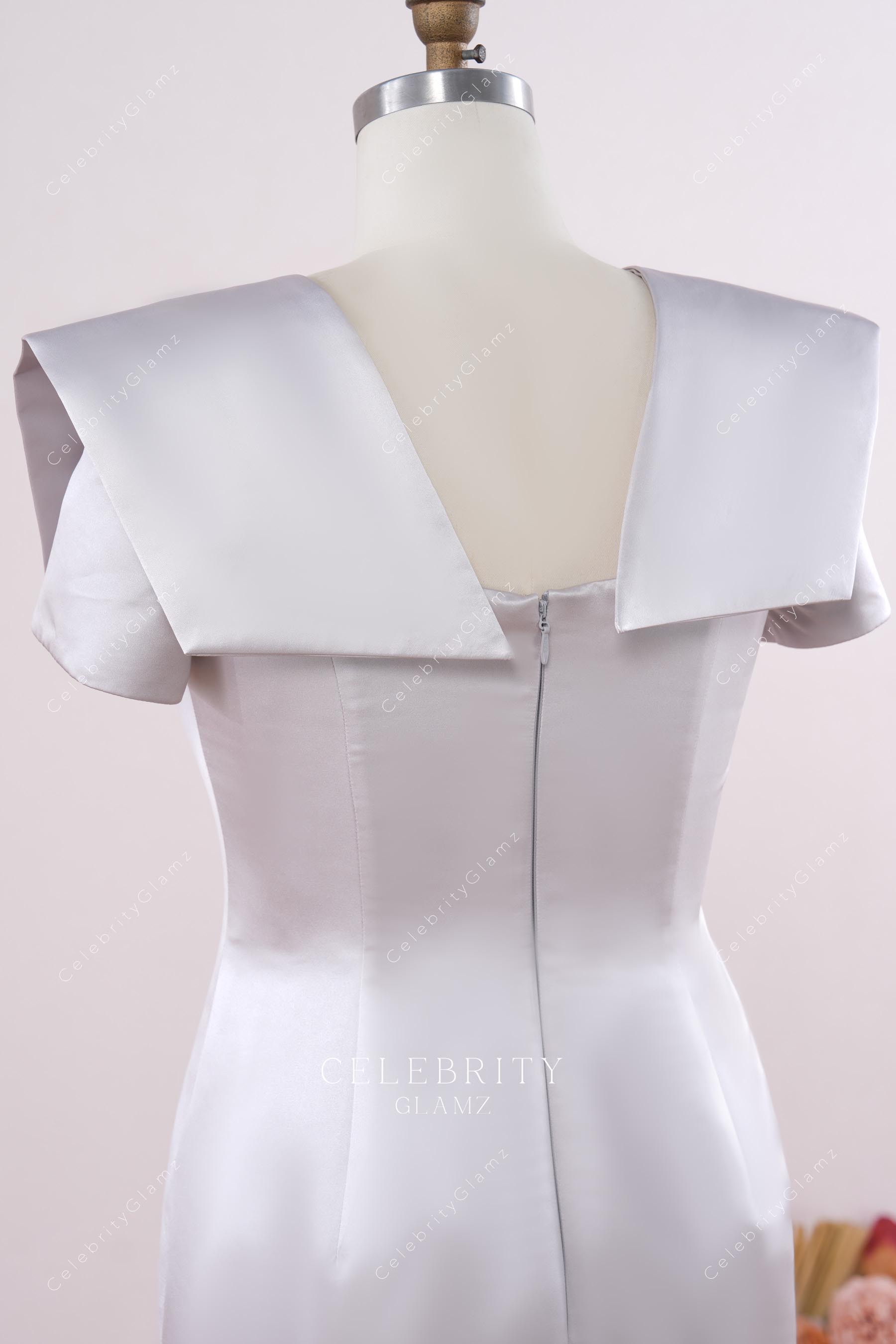 silver satin shoulder panel formal dress