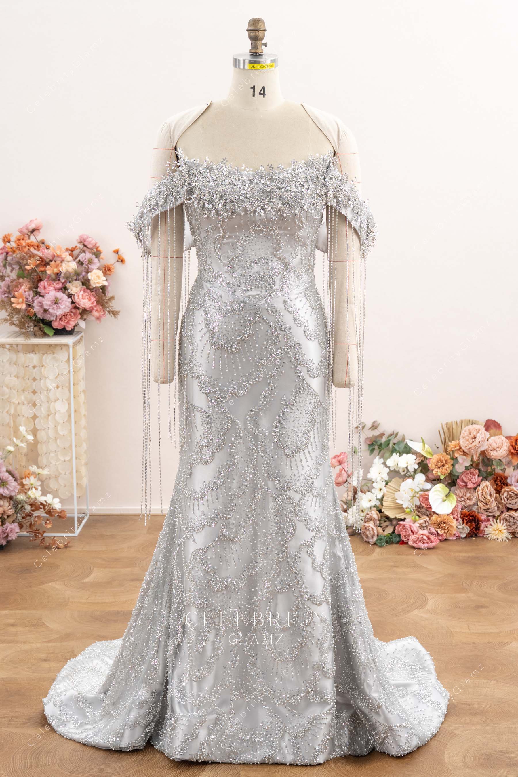 silver sequin Basque waist mermaid prom dress 