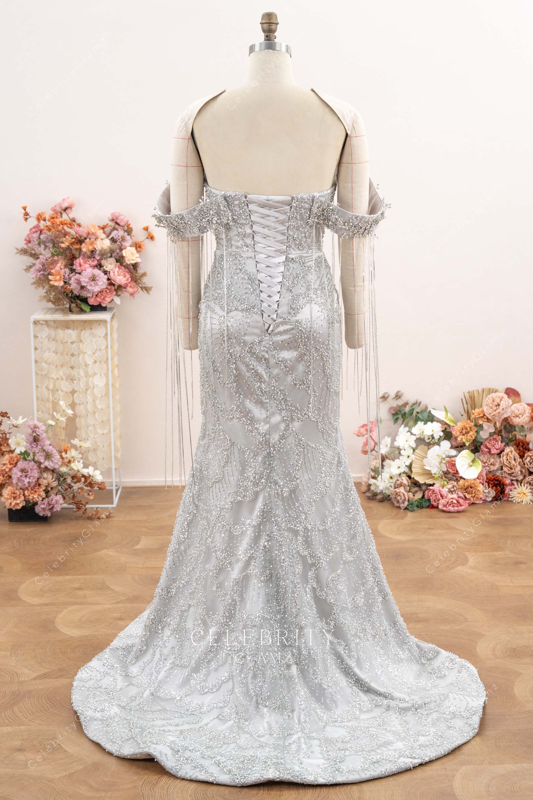 silver sequin court train mermaid prom dress