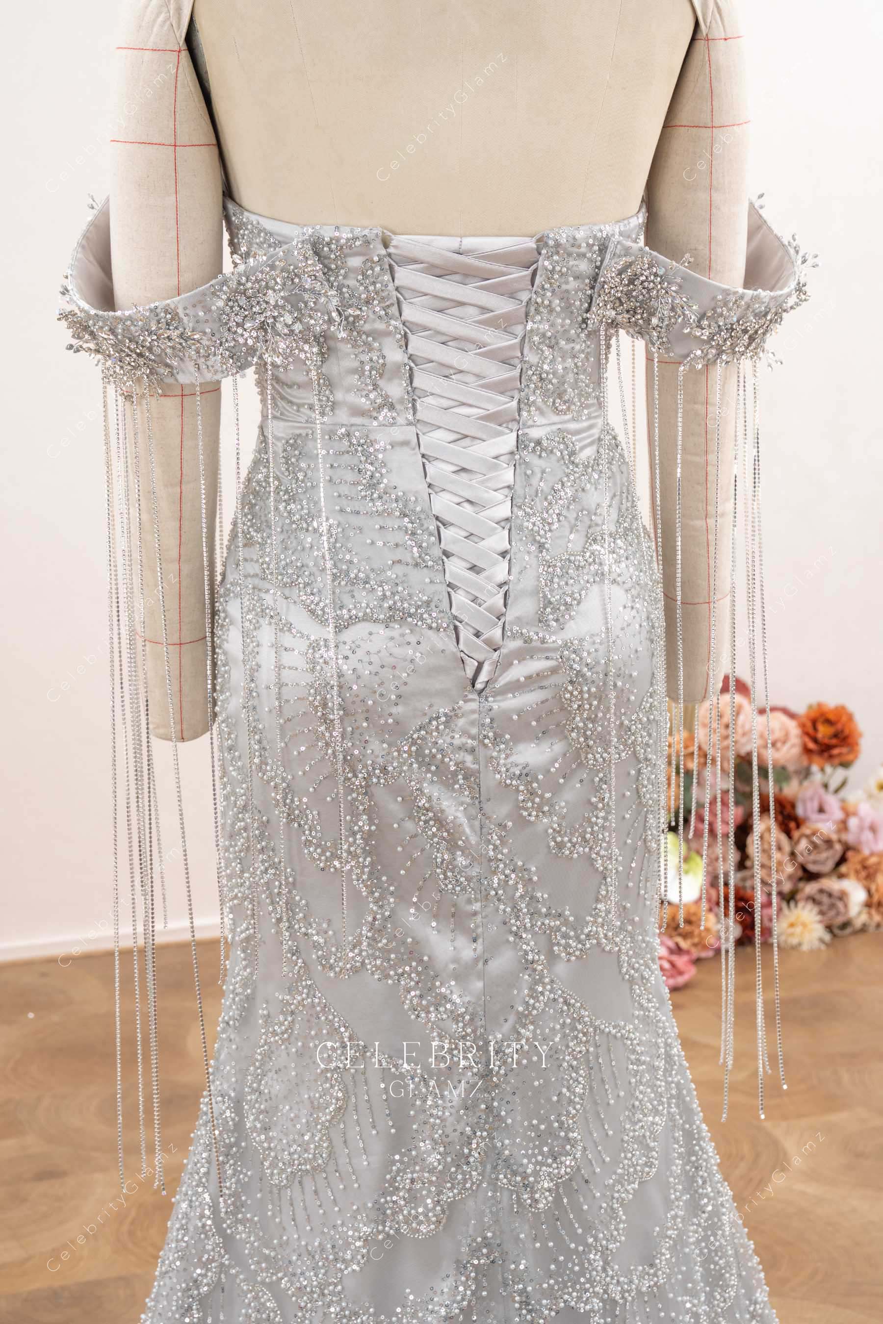 silver sequin lack up back prom dress