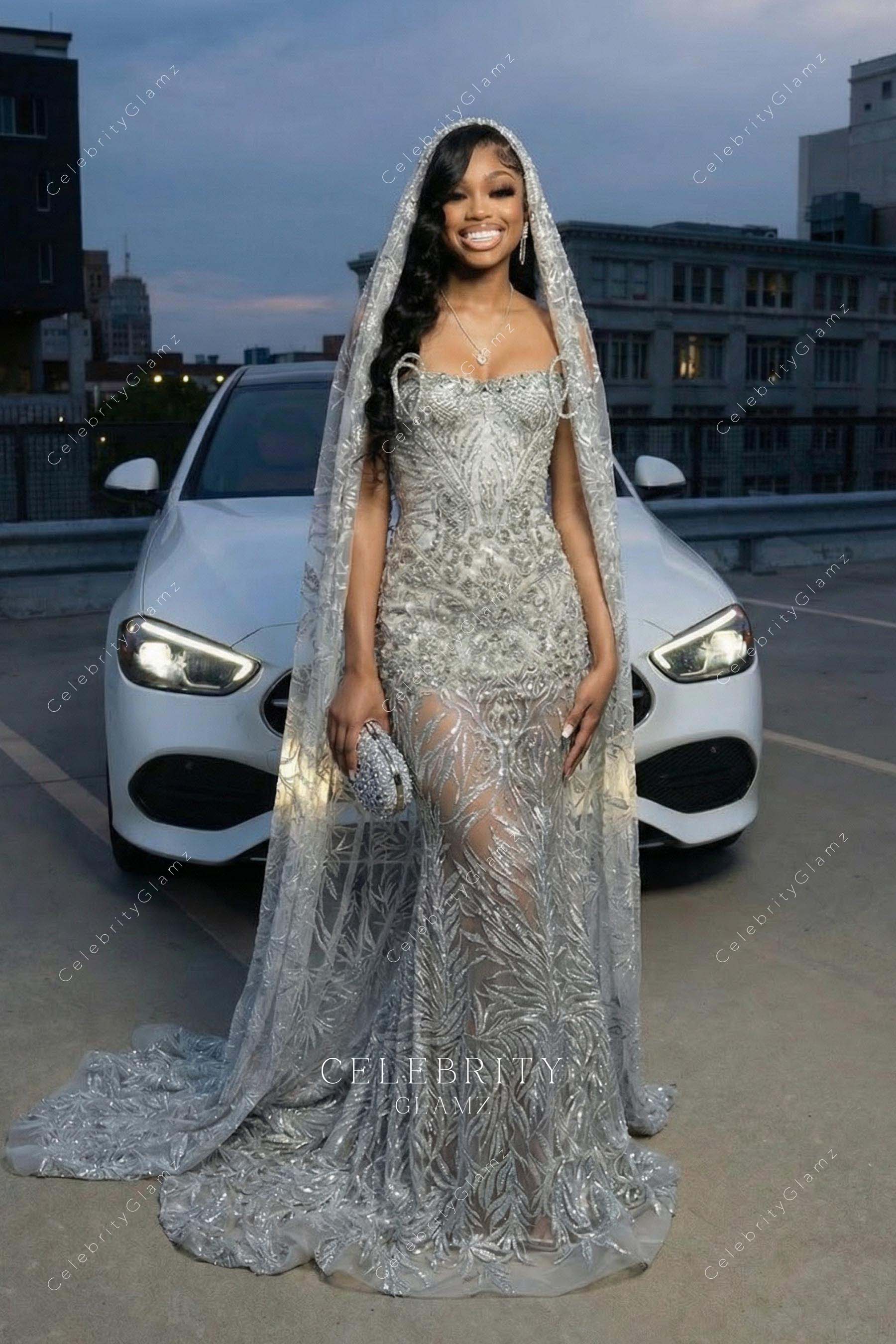 silver sequin mermaid shawl prom dress